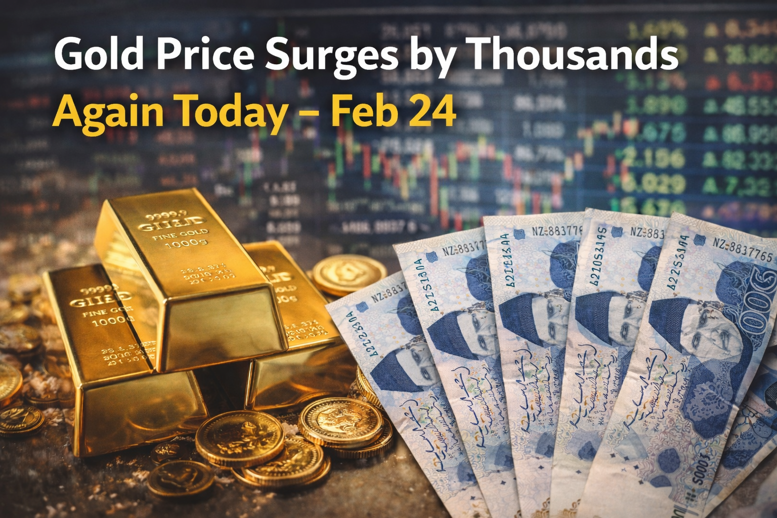 Gold Price Surges by thousands on Feb 24 with gold bars and Pakistani 1000 rupee notes in background