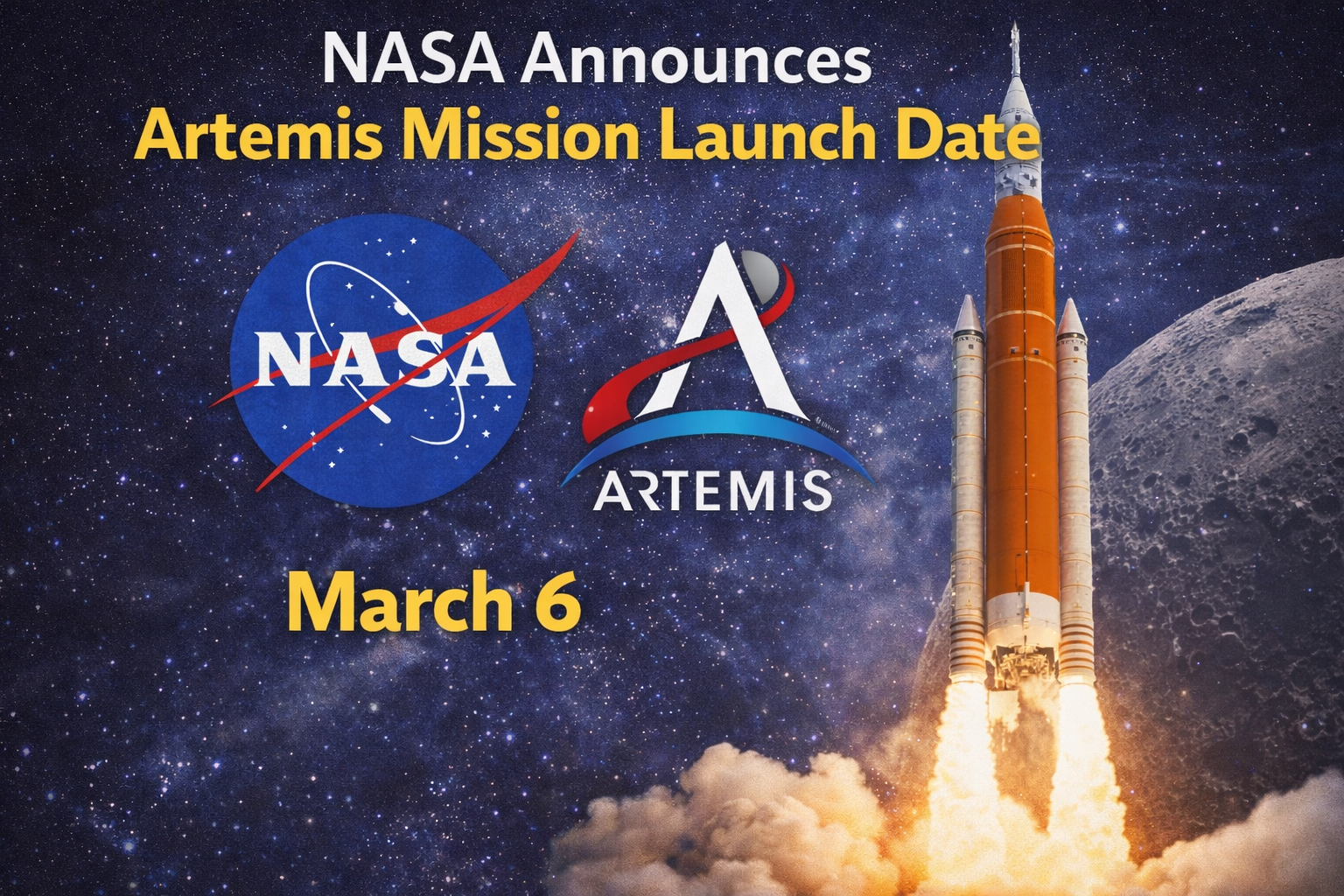 NASA Artemis mission launch date March 6 showing rocket launch toward the Moon under space backdrop