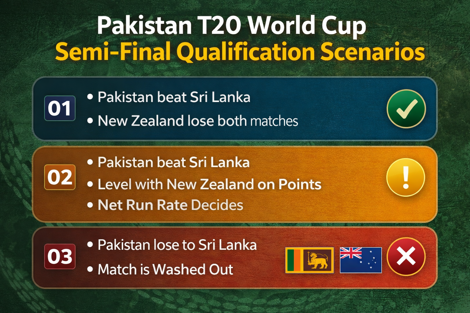 Pakistan T20 World Cup semi-final qualification scenarios infographic showing win, loss and net run rate outcomes