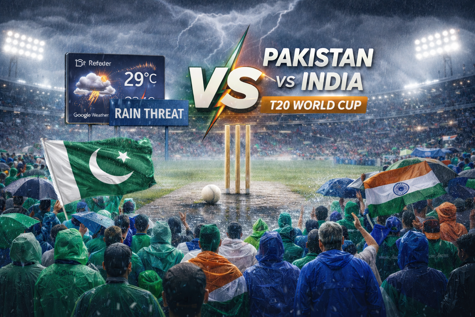 Pakistan vs India T20 World Cup match rain threat in Colombo stadium with fans, storm clouds, and national flags during rainfall