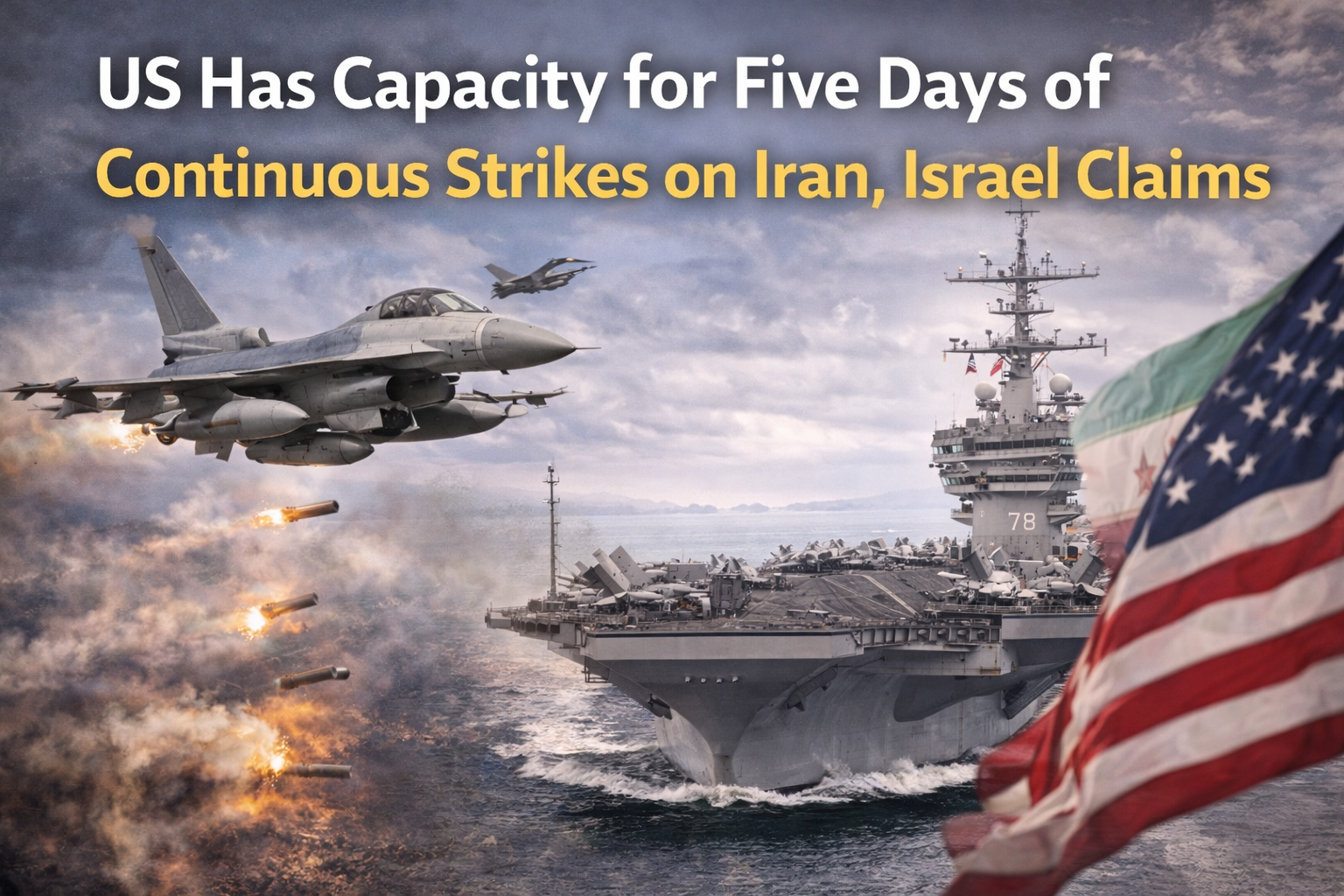 US Has Capacity for five days of continuous strikes on Iran, showing US fighter jet and aircraft carrier deployment