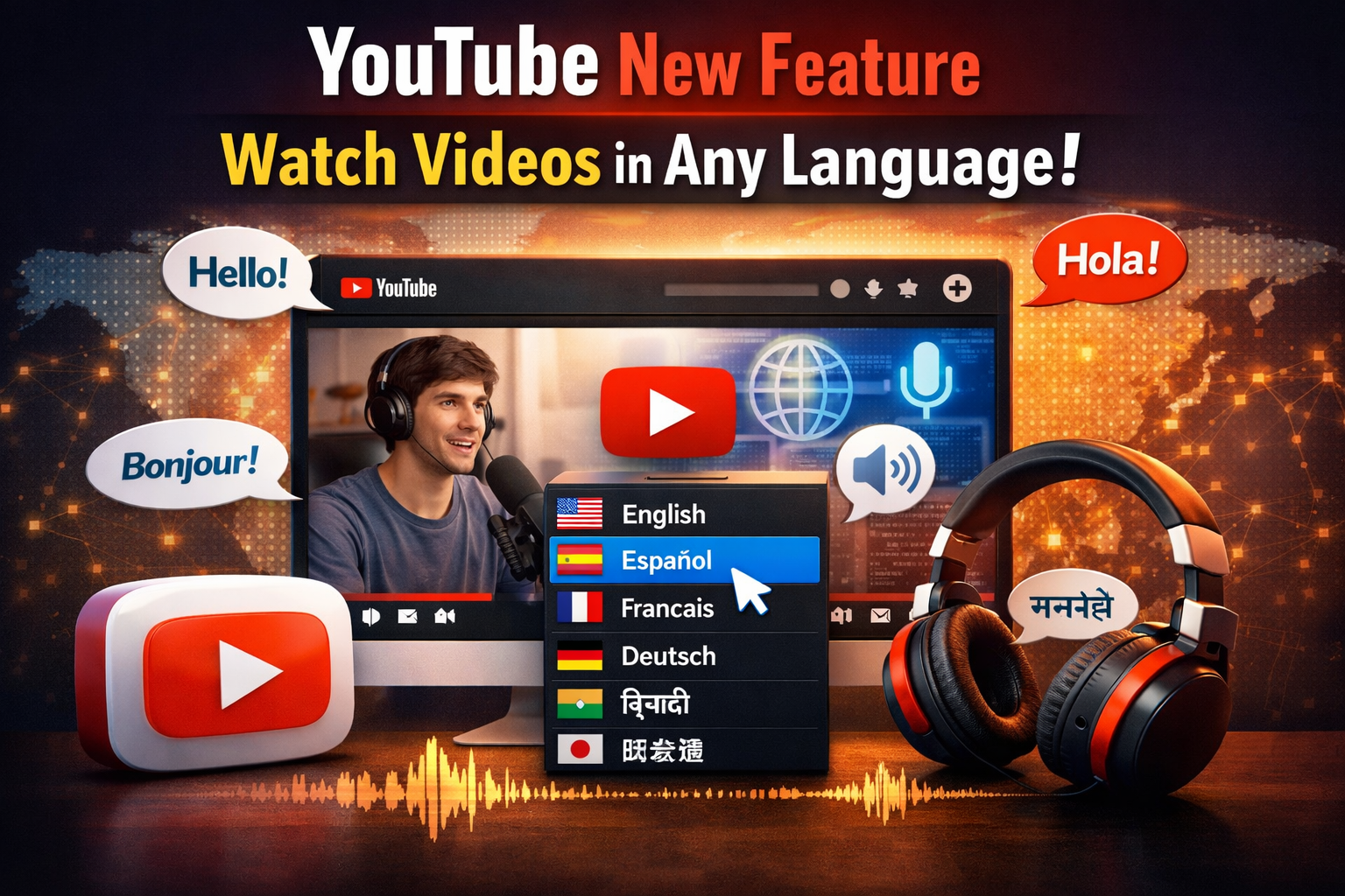 YouTube new feature showing AI auto-dubbing and multilingual video language selection interface