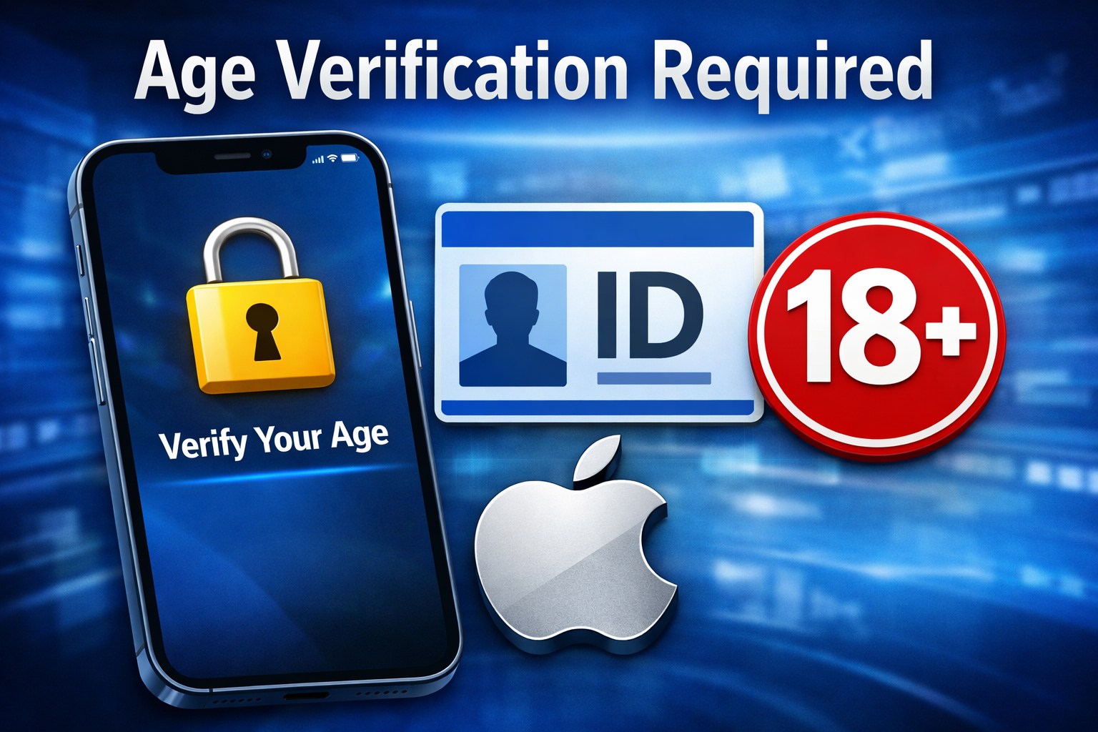 Apple age verification requirement showing iPhone with ID and 18 plus security icon