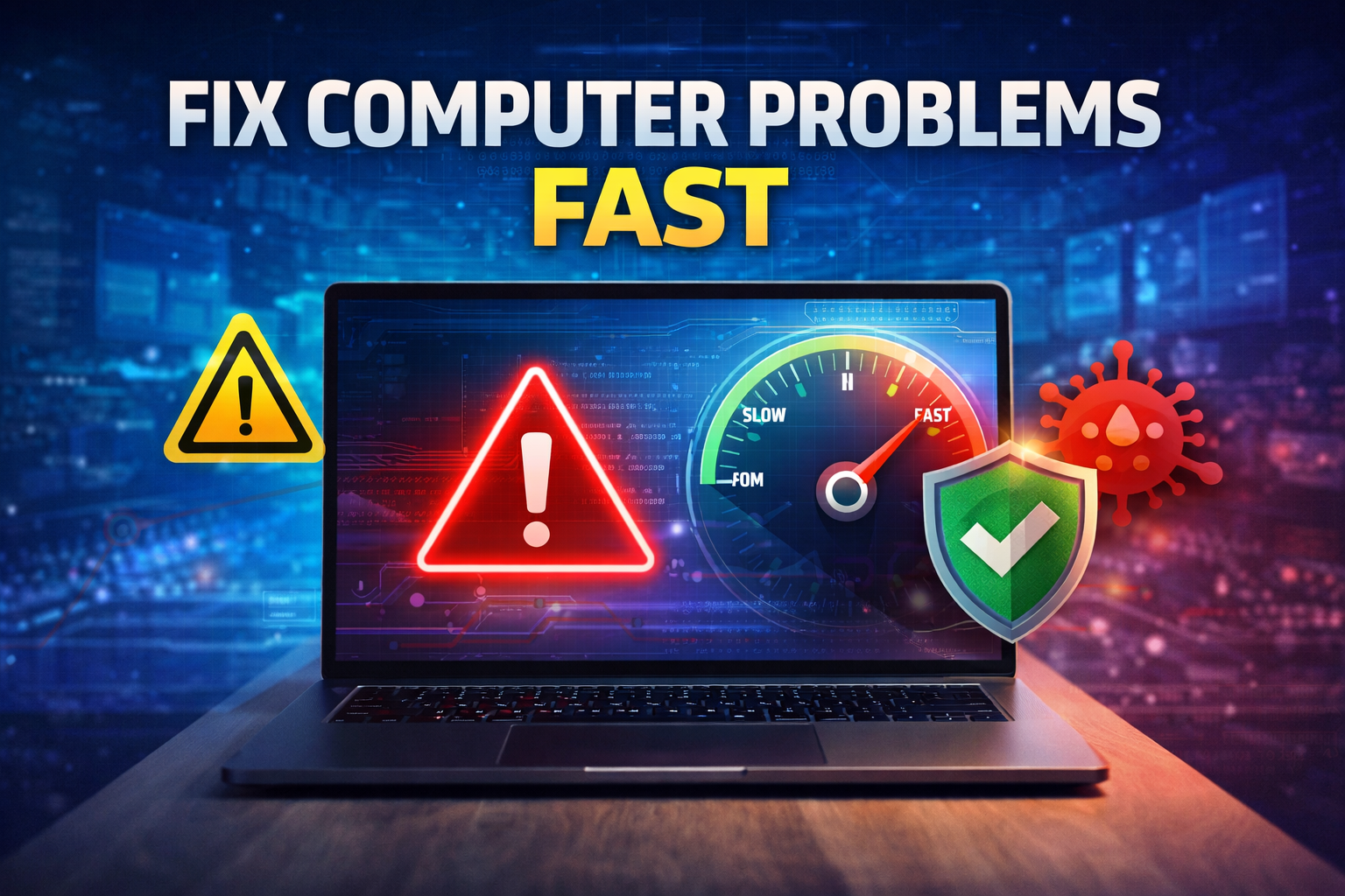 Computer problems fix tips showing speed improvement and virus protection icons