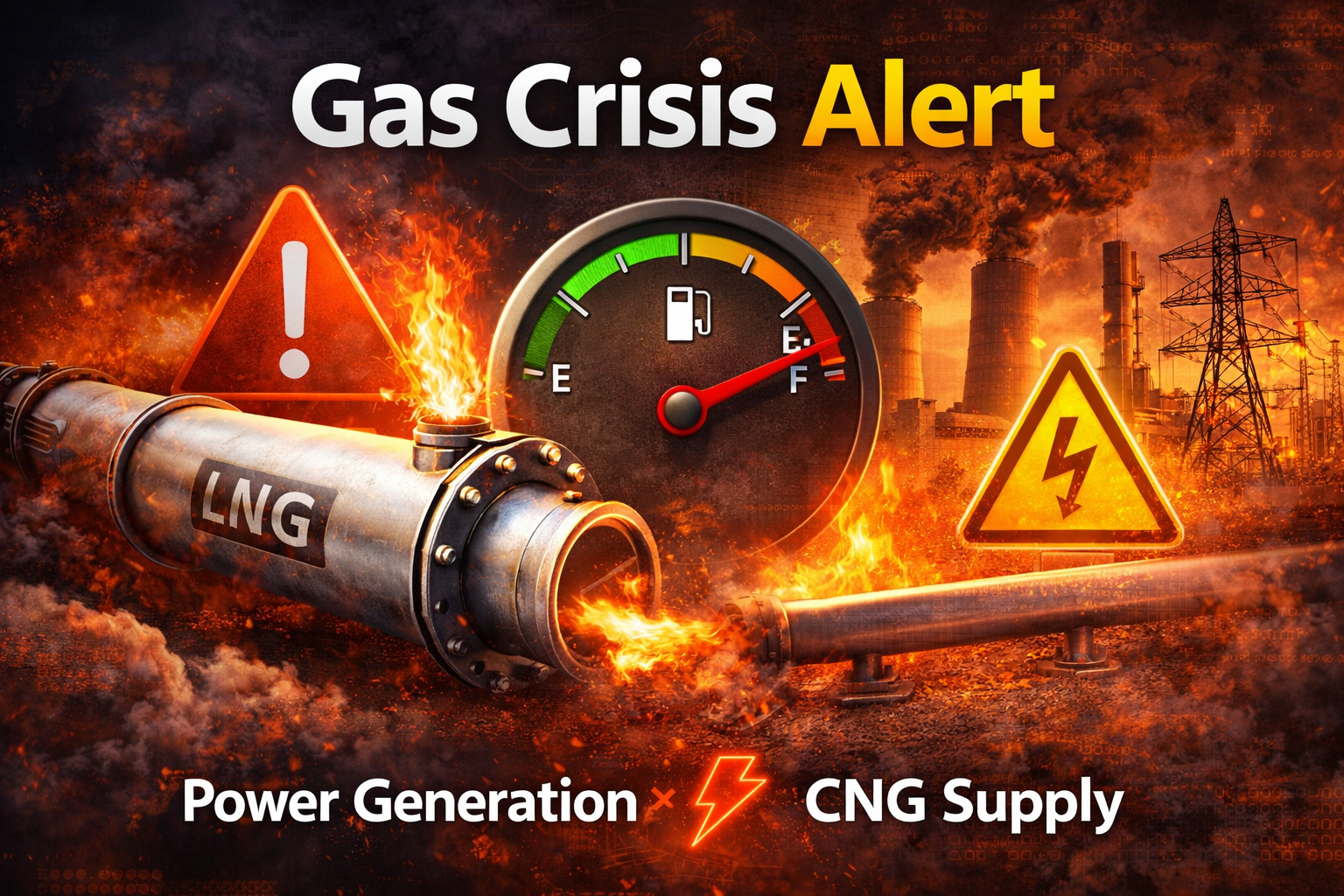 Gas shortage Pakistan affecting power generation and CNG supply with warning visuals