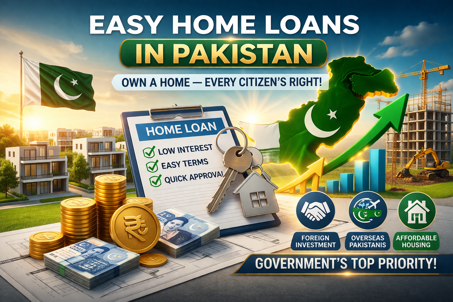 Housing loans Pakistan showing home ownership concept with keys and construction growth