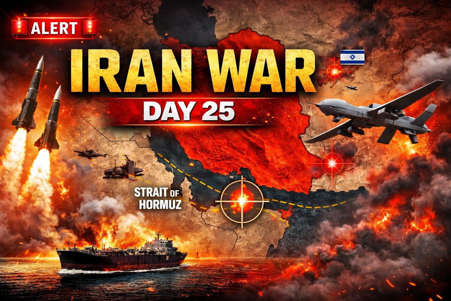 Iran war day 25 map showing Middle East tensions and Strait of Hormuz disruption