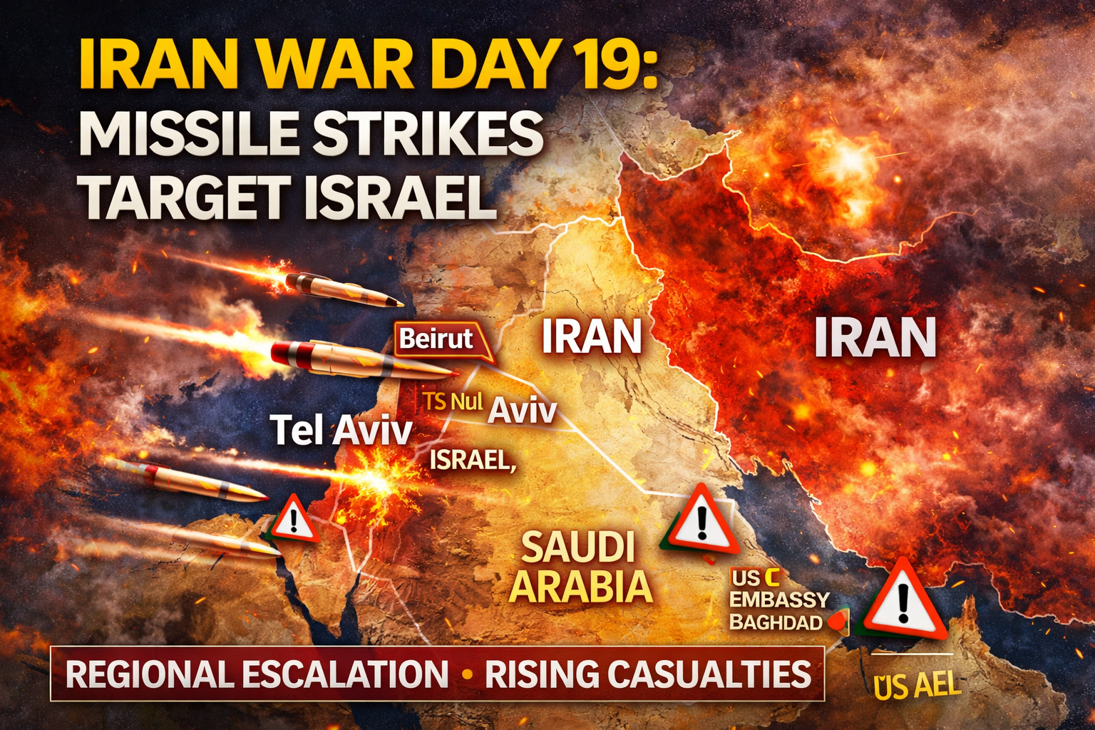Iran missile strikes on Israel during day 19 of war with regional escalation