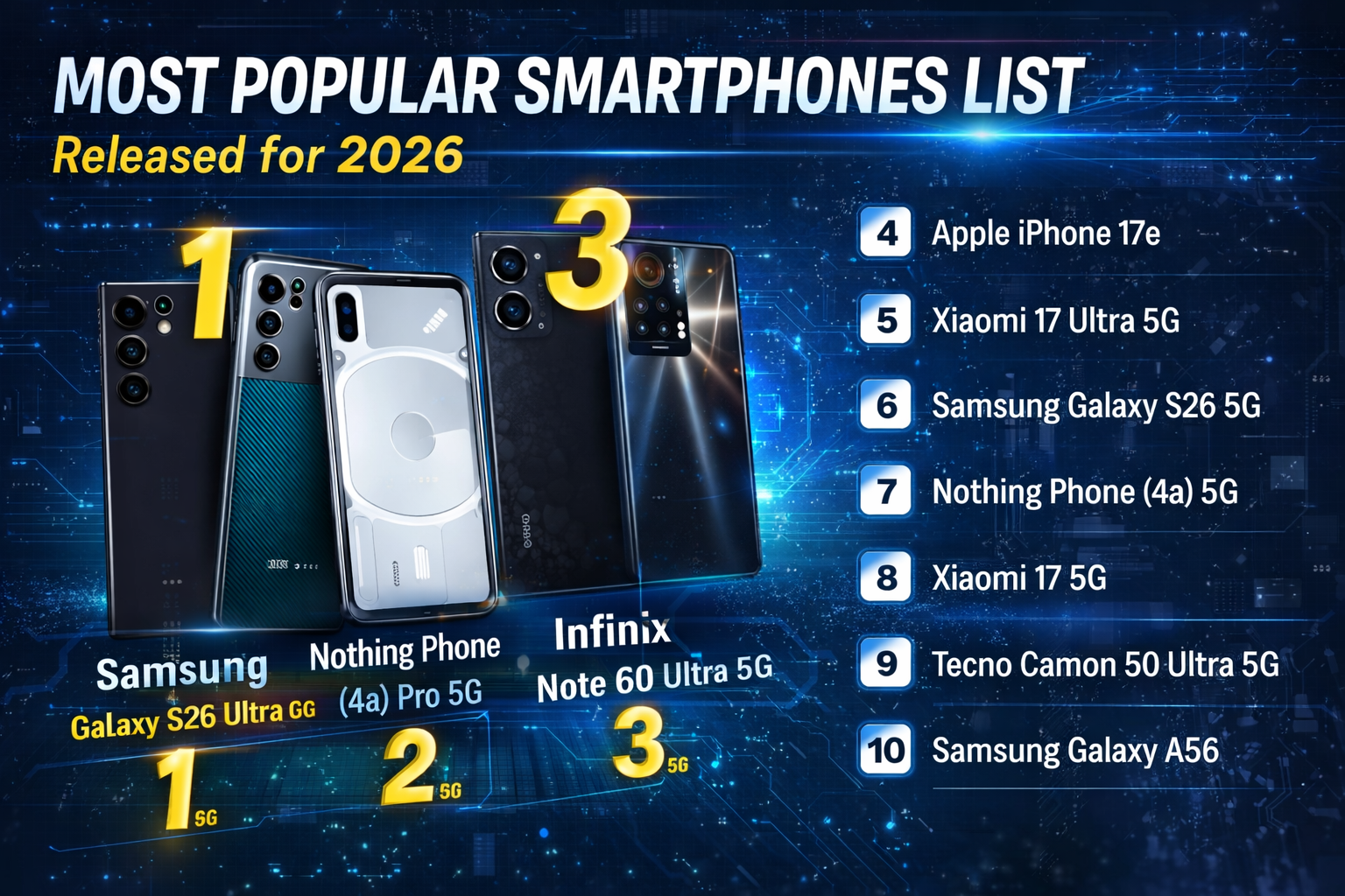 Most popular smartphones list featuring Samsung Galaxy S26 Ultra and other new devices