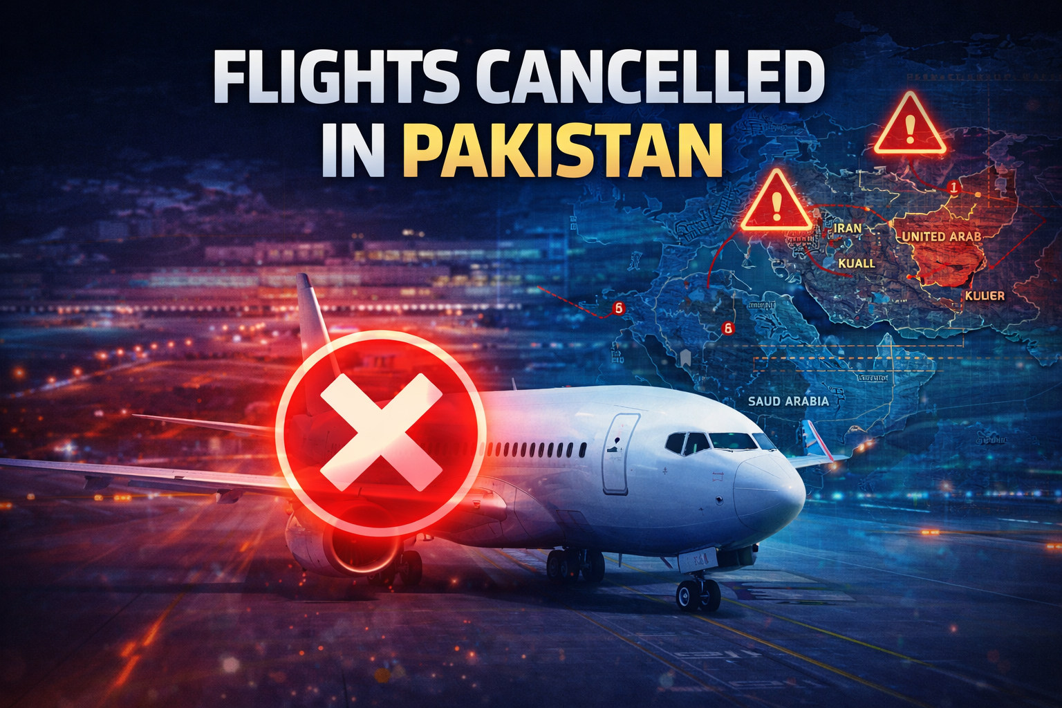 Pakistan flights cancelled due to Middle East tensions with airport and airplane graphics