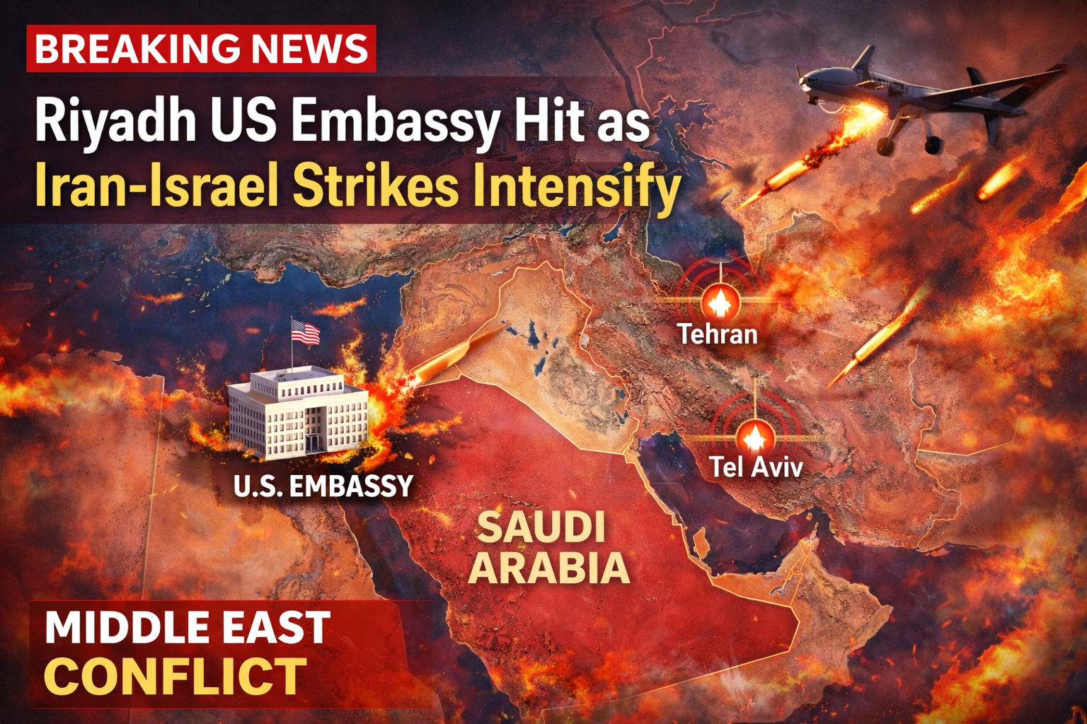 Drone attack reported near US Embassy in Riyadh amid Iran-Israel conflict escalation