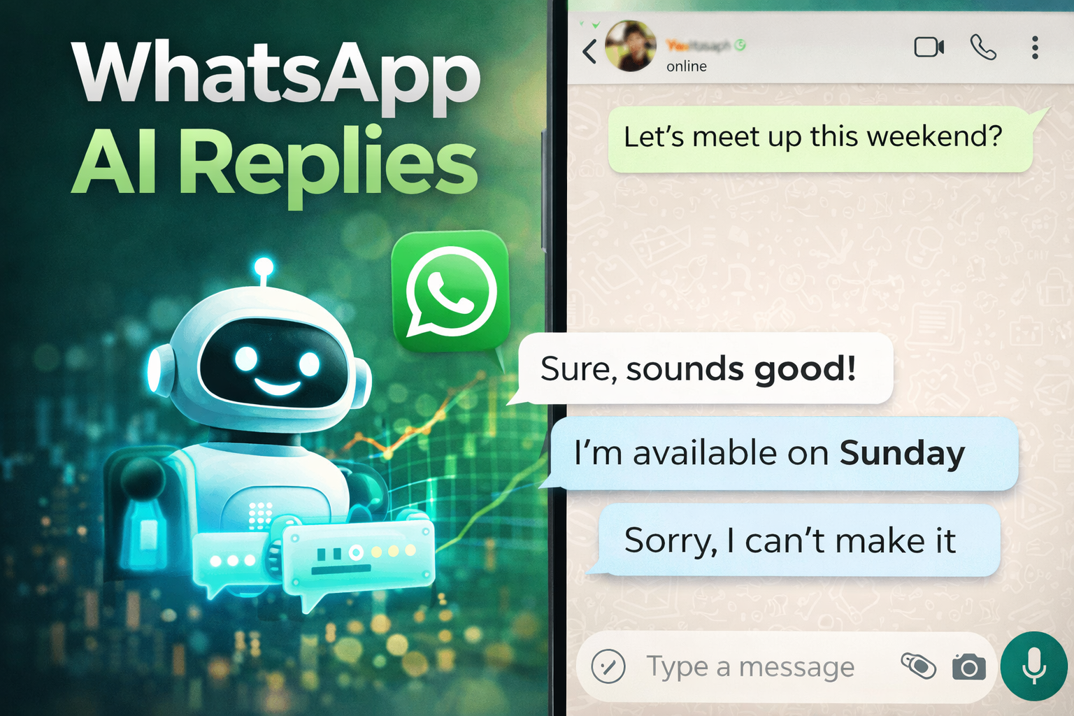 WhatsApp AI tool showing smart reply feature in chat interface