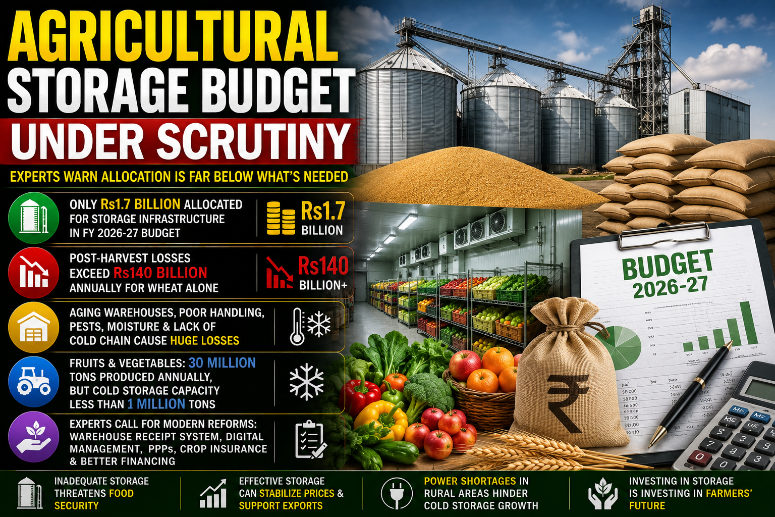 Agricultural storage facilities and grain warehouses highlighting concerns over storage infrastructure funding.