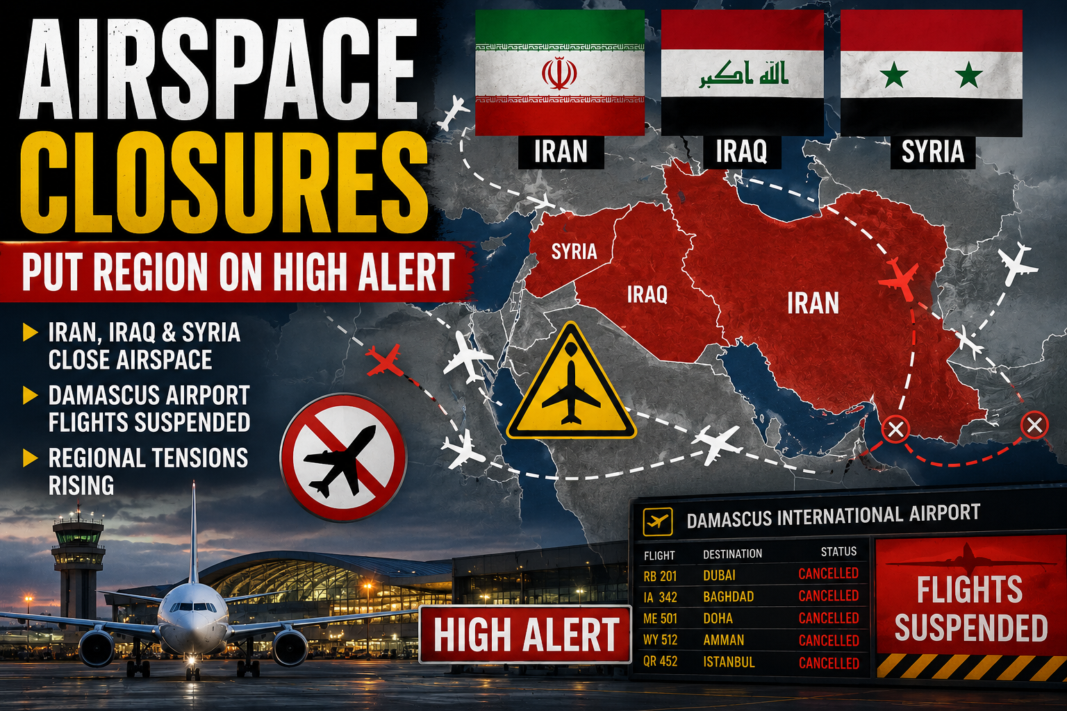 Iran, Iraq and Syria impose airspace restrictions amid rising regional tensions and aviation security concerns.