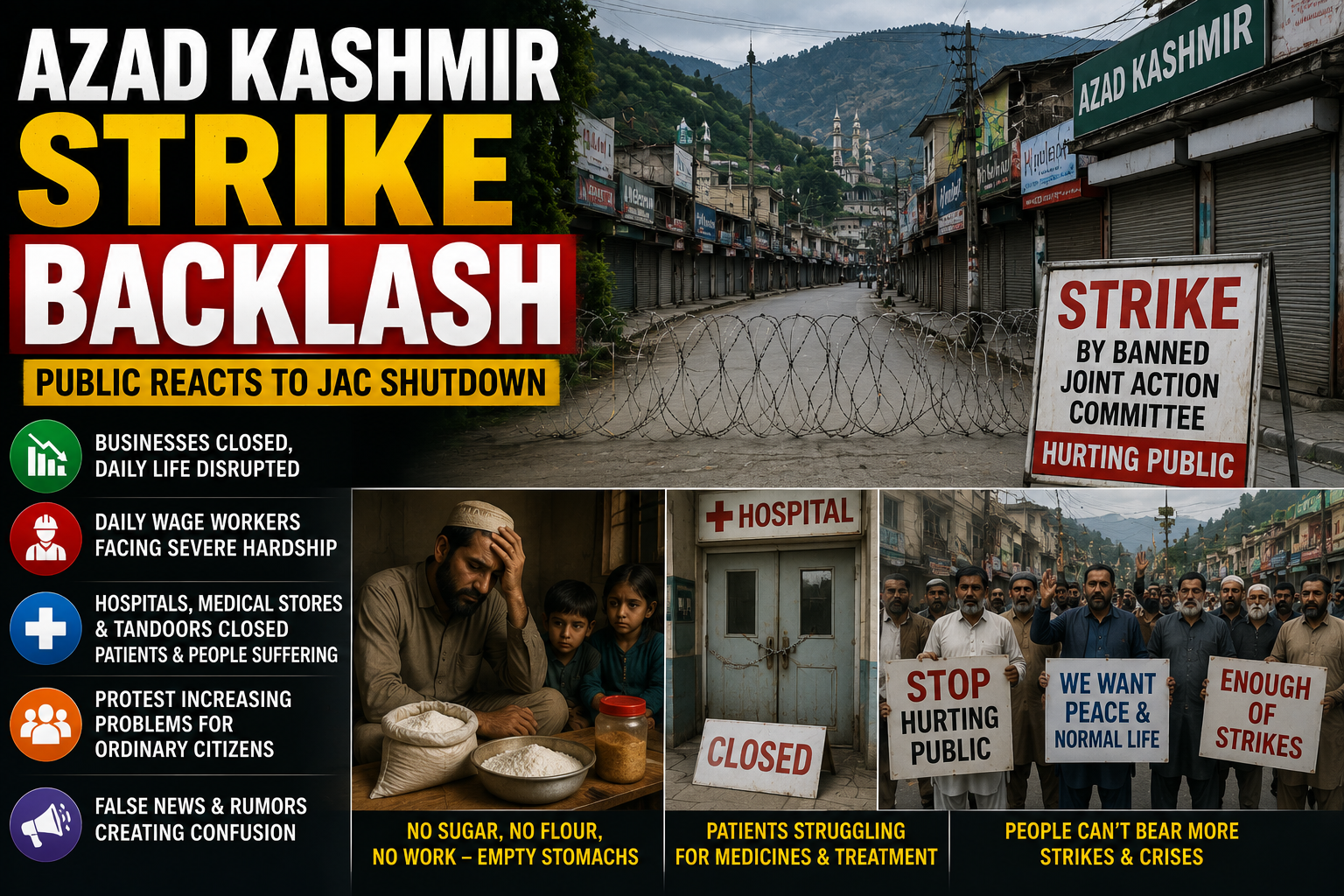 Azad Kashmir Strike affecting markets, businesses, and daily wage workers as residents react to widespread service disruptions.