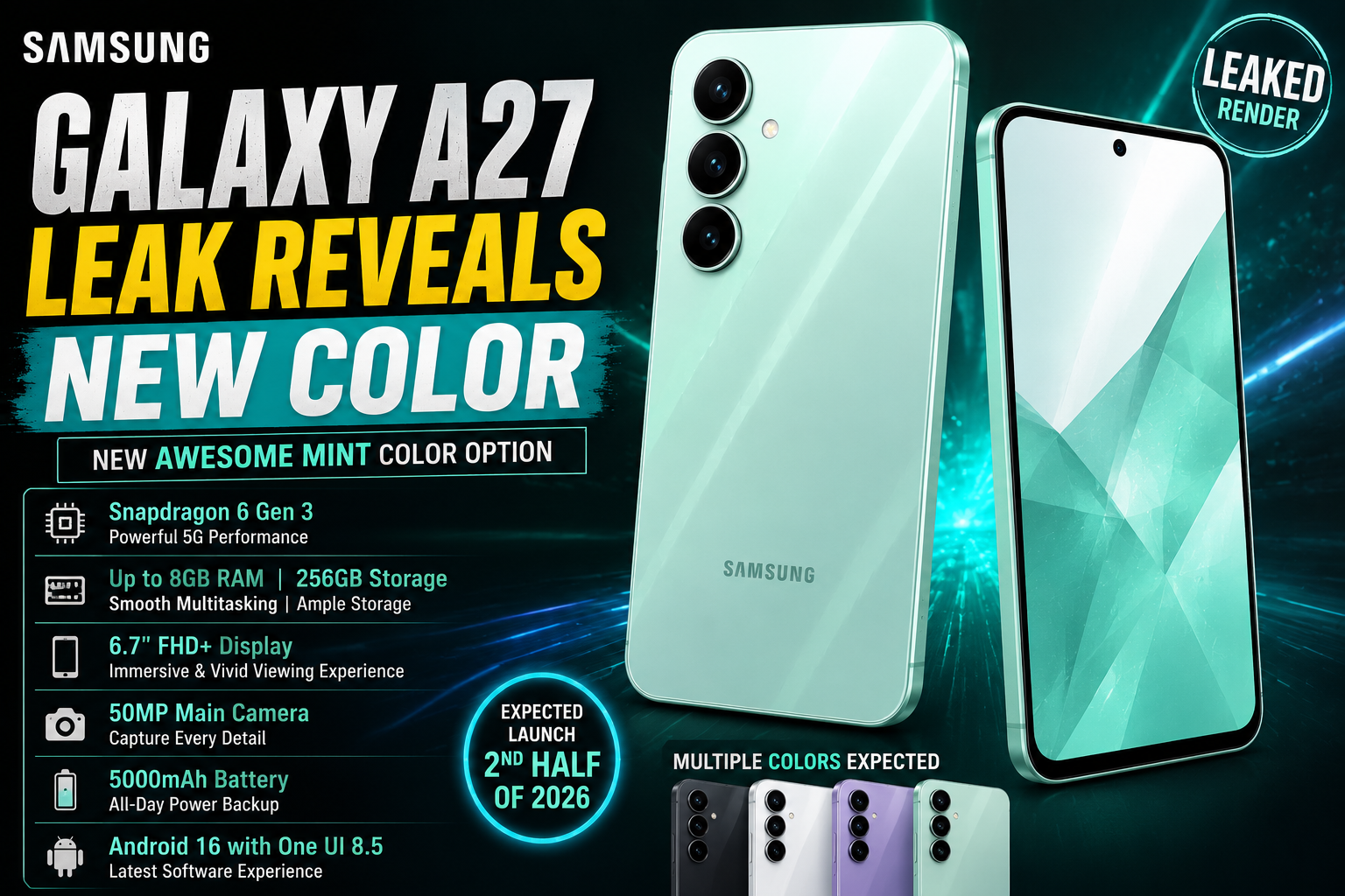 Samsung Galaxy A27 leaked render showing the new mint color option and expected design.
