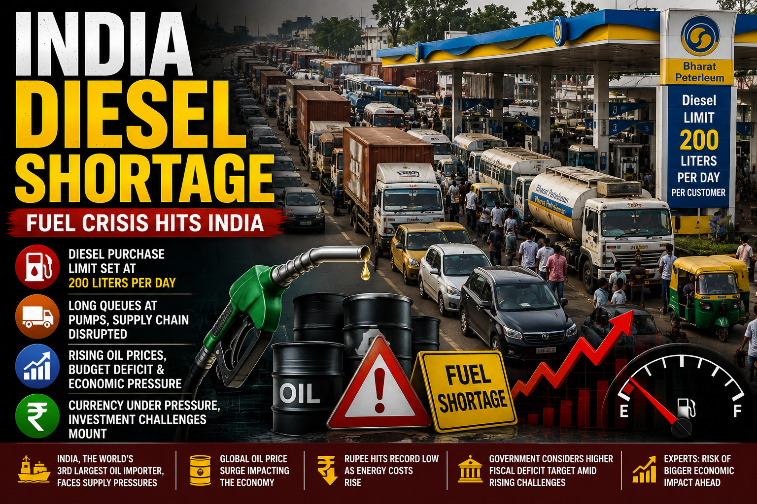 Vehicles waiting at fuel stations during reported diesel supply shortages and fuel purchase restrictions.