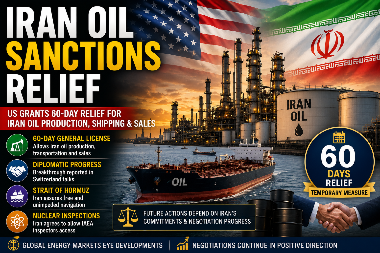 Iran Oil Sanctions Relief allows temporary oil production, transportation, and sales following diplomatic progress between the United States and Iran.