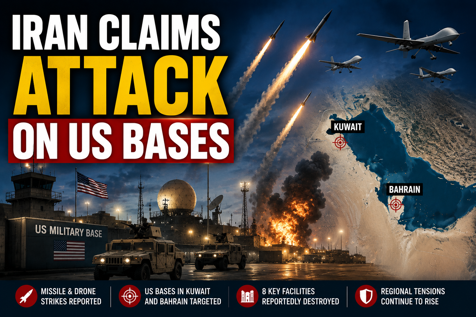 Iran US Bases Attack Claims involving reported missile and drone strikes targeting American military facilities in Kuwait and Bahrain.