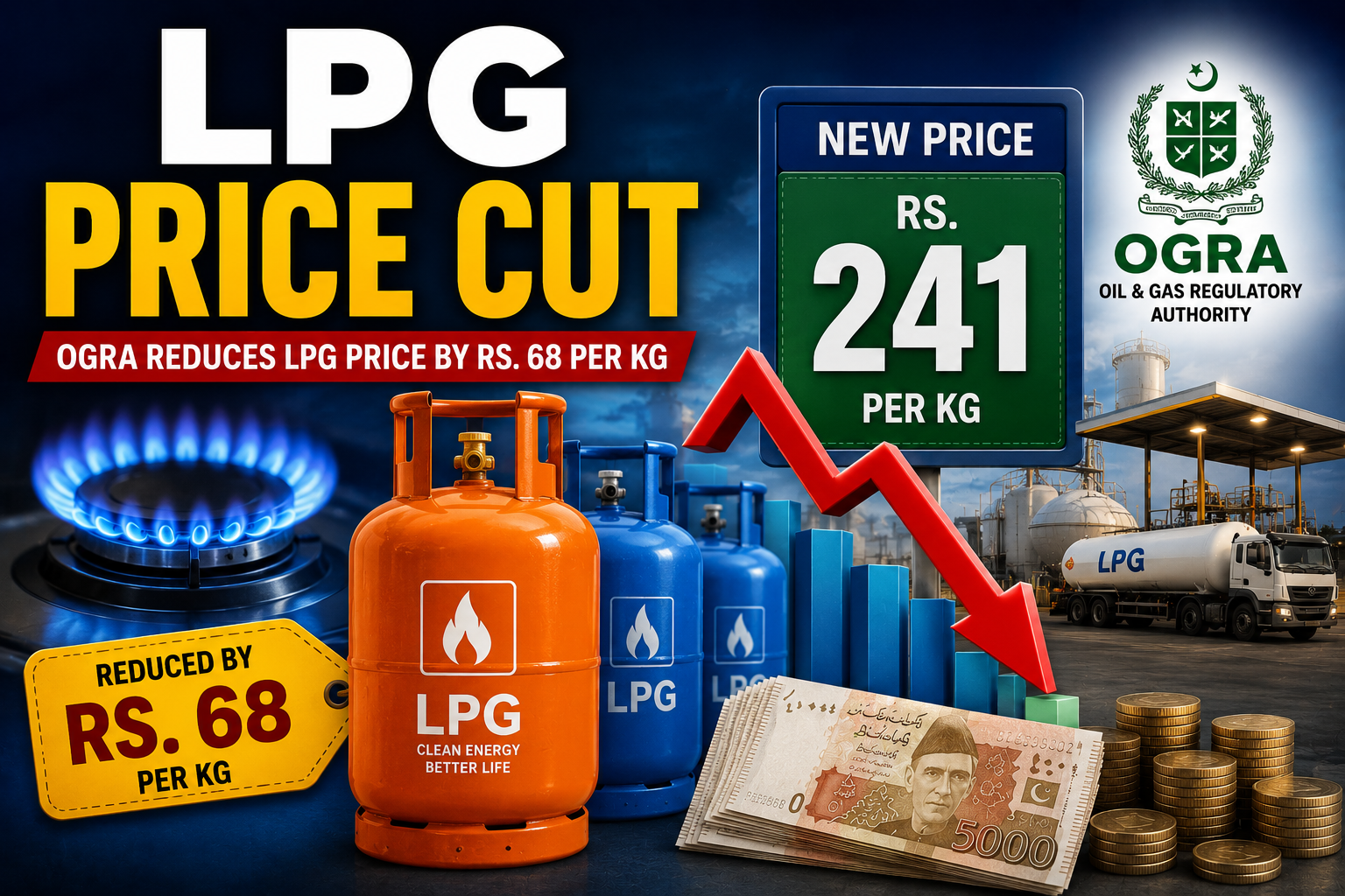 LPG Price Cut announced by OGRA after reducing the official LPG price by Rs. 68 per kilogram in Pakistan.