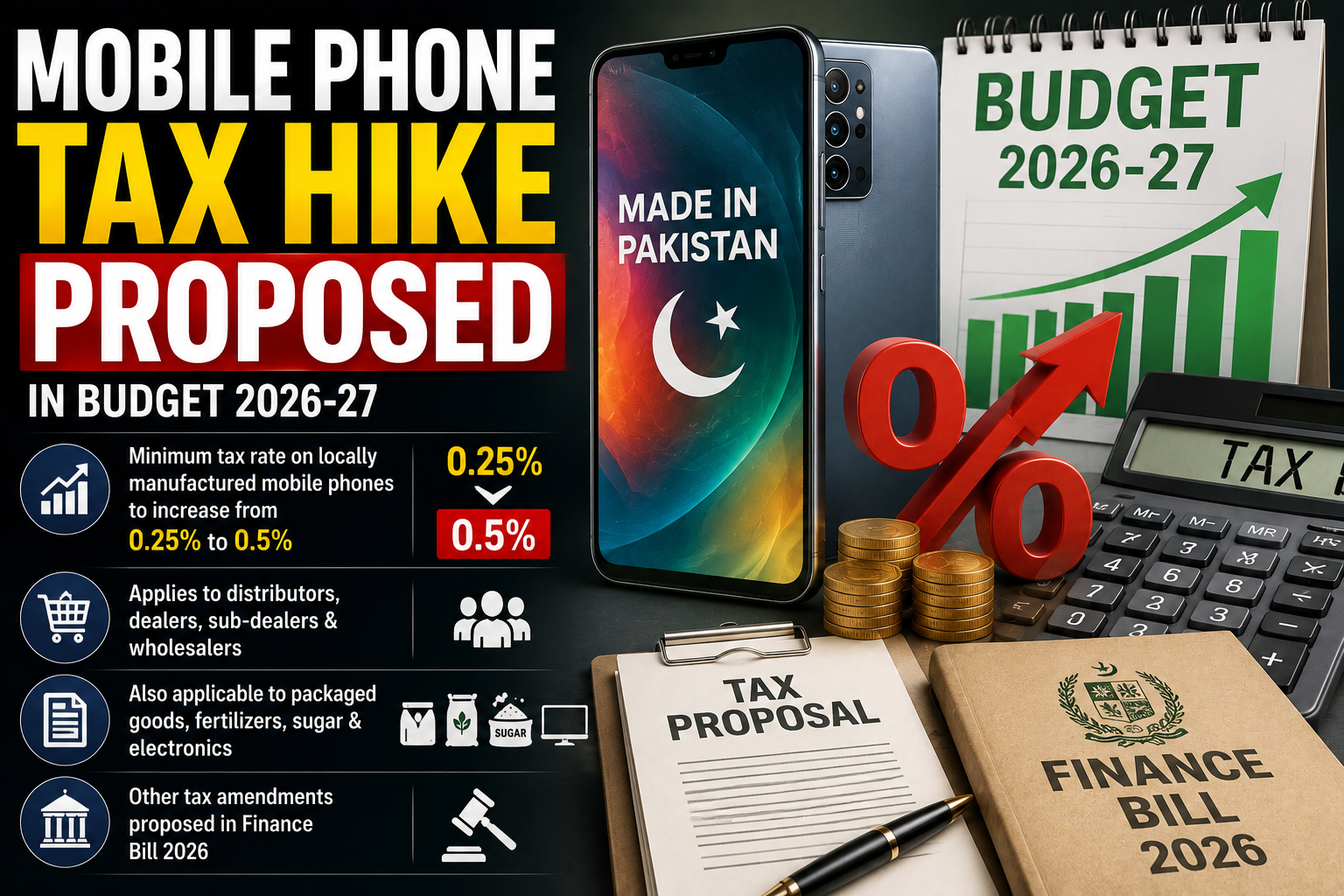 Budget proposal showing increased tax rates on locally manufactured mobile phones and related sectors.