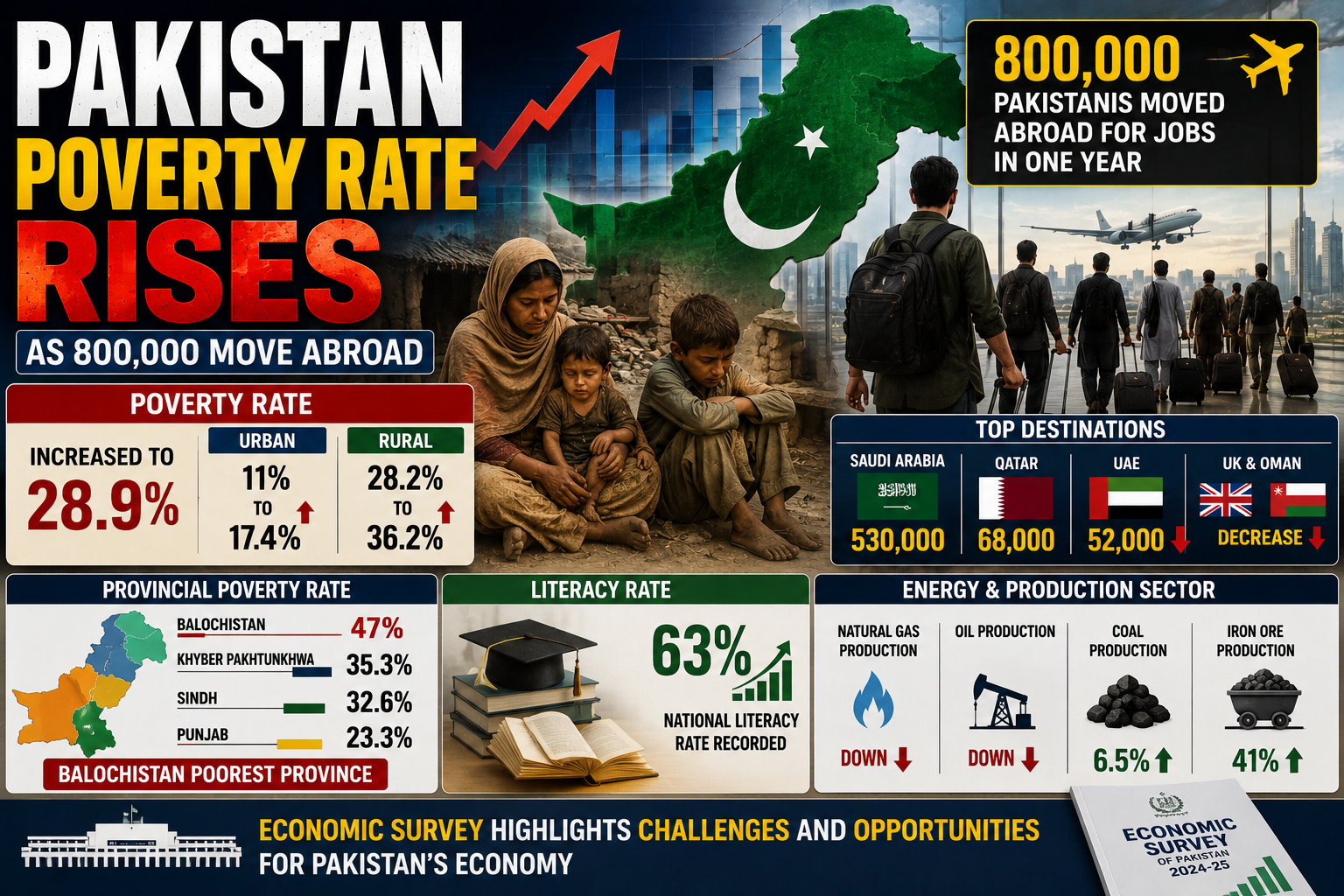 Economic survey highlighting rising poverty levels and overseas migration trends in Pakistan.