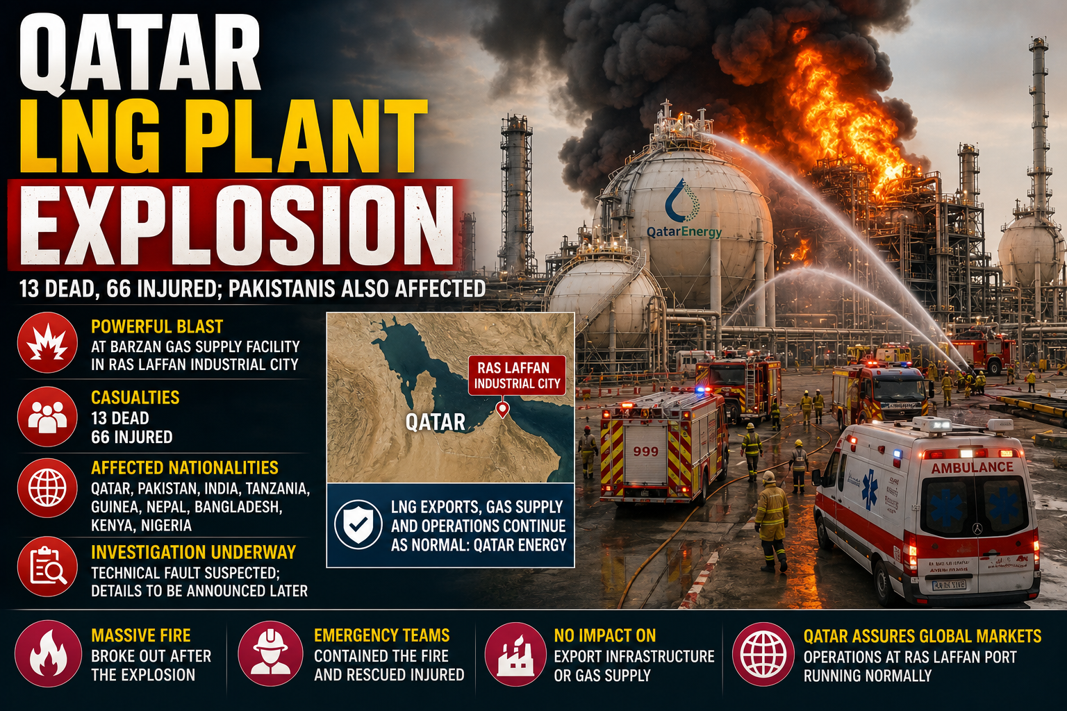 Qatar LNG Plant Explosion at Ras Laffan Industrial City causing a major fire, casualties, and global energy market concerns.