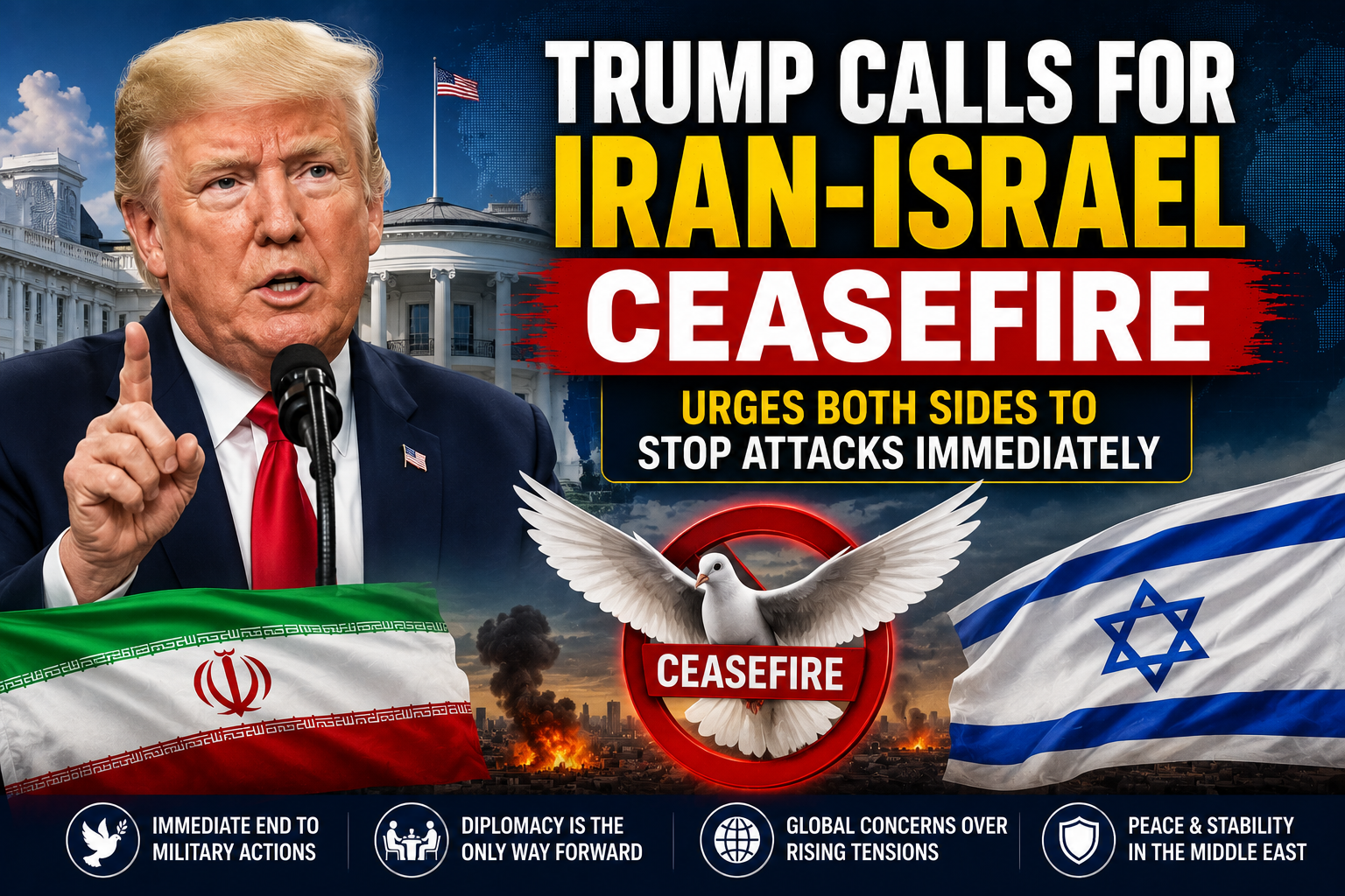 Donald Trump calling for an immediate ceasefire between Iran and Israel amid rising Middle East tensions.