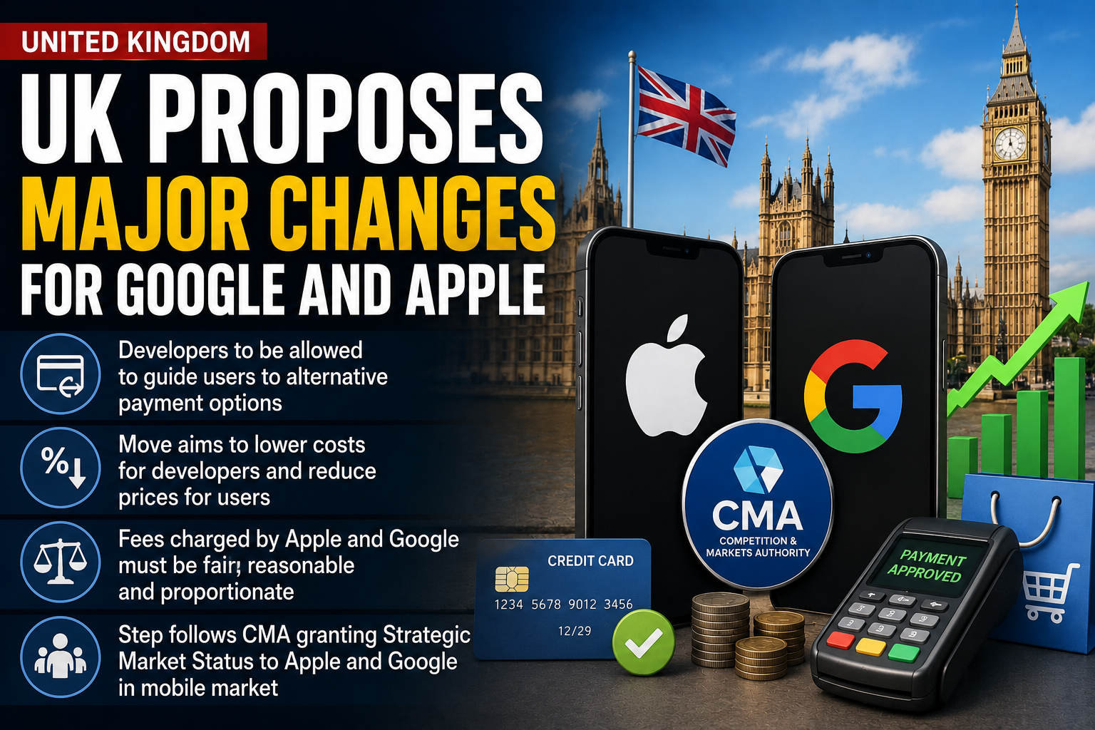UK App Payment Rules Proposal introducing major changes for Apple and Google app payment systems to improve competition and reduce developer costs.