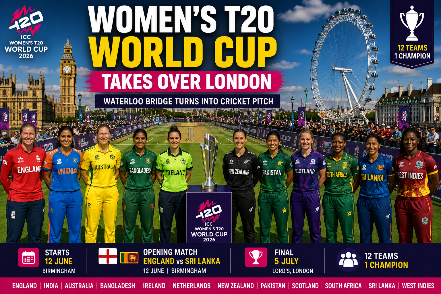 Women's T20 World Cup captains pose with the trophy on Waterloo Bridge in London ahead of the tournament.