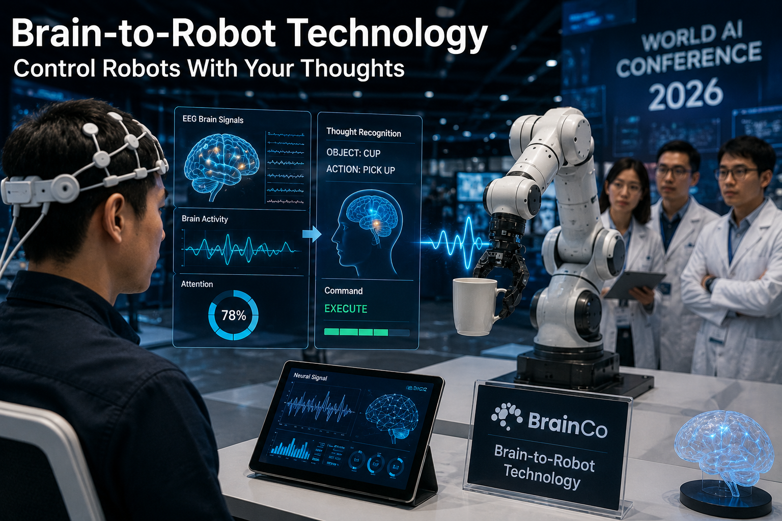 Brain-to-Robot Technology demonstration showing a wearable EEG headset controlling a robotic arm through human brain signals without surgery.