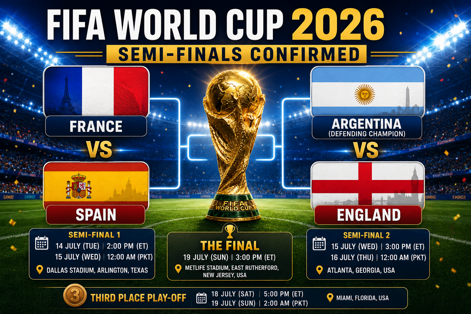 FIFA World Cup 2026 semi-final line-up featuring France, Spain, Argentina and England.