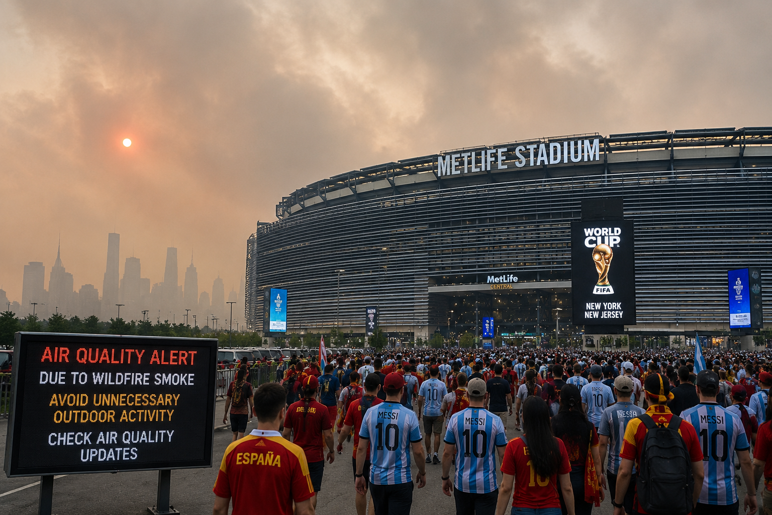 FIFA World Cup Final stadium in New York surrounded by haze from Canadian wildfire smoke before the championship match.