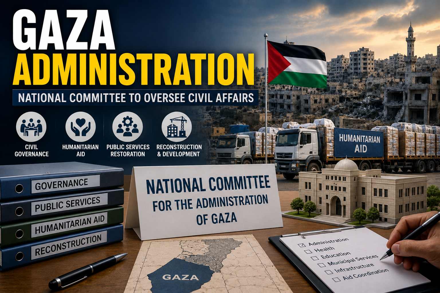 Gaza National Administration Committee prepares to oversee civilian administration and public services during a reported transitional process.