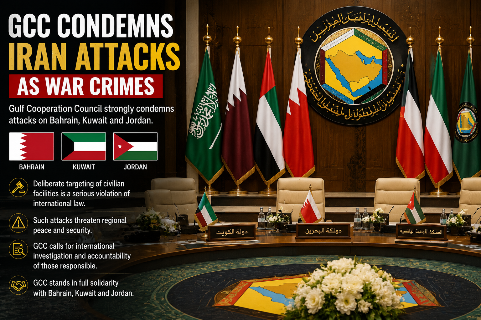 GCC Condemns Iran Attacks: Gulf Cooperation Council headquarters during a regional security response following reported attacks on Bahrain, Kuwait, and Jordan.