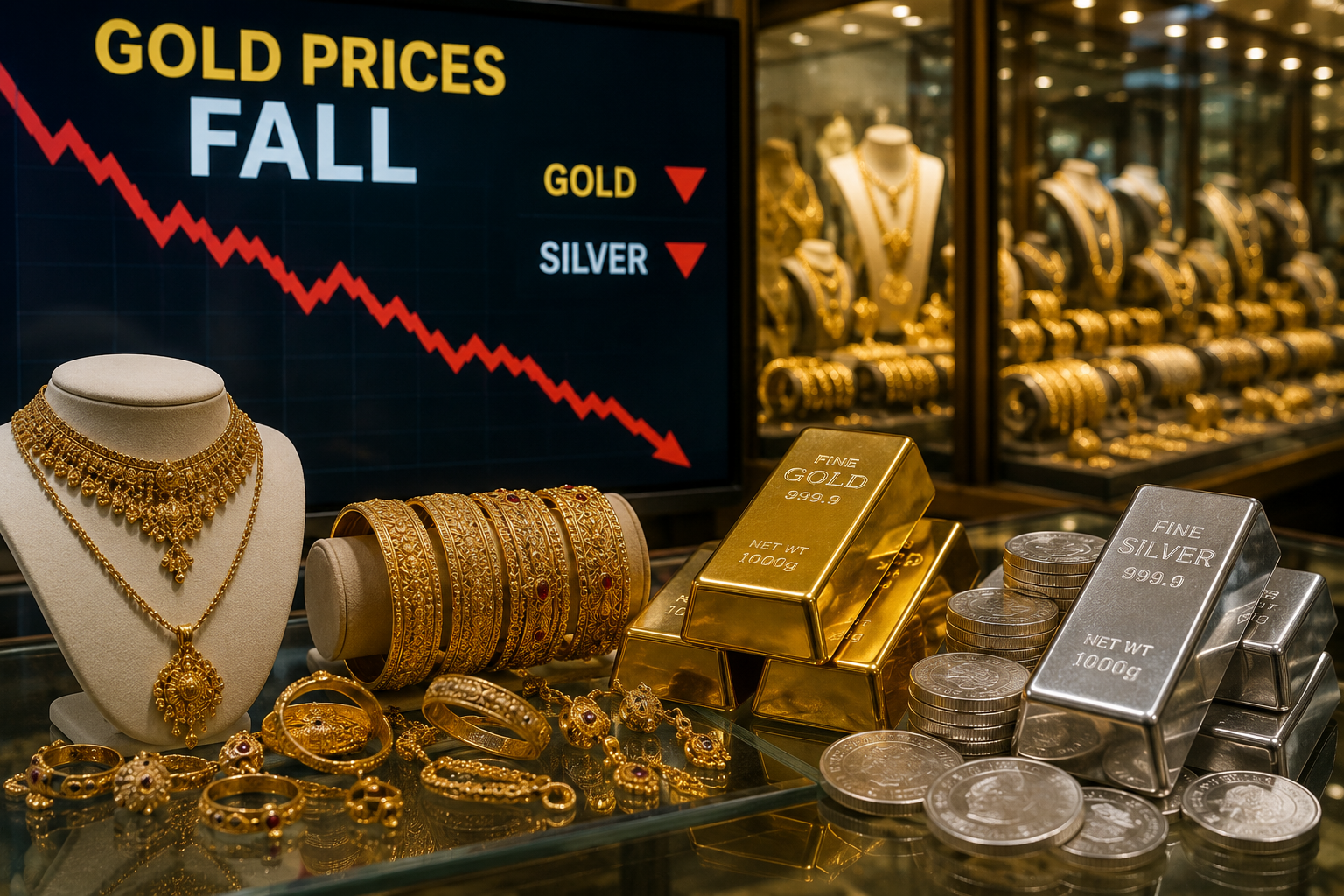 Gold Prices fall in global and Pakistan bullion markets as gold and silver record fresh declines after four days.
