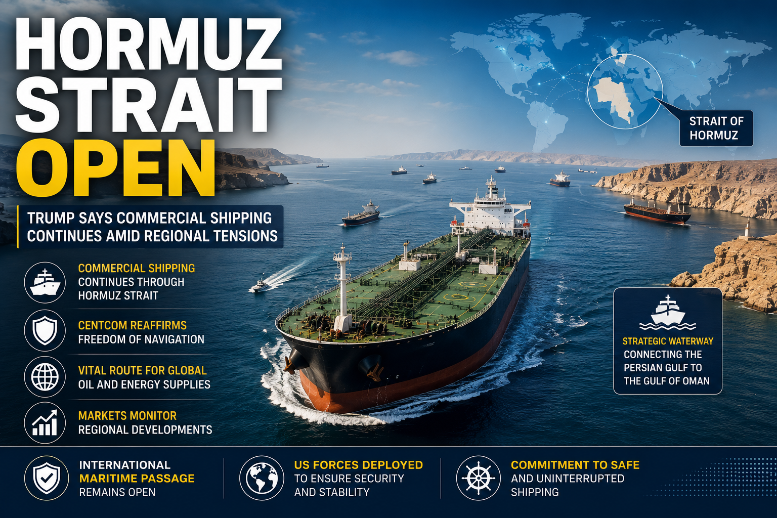 Hormuz Strait Remains Open as commercial shipping continues through the strategic waterway amid regional tensions.