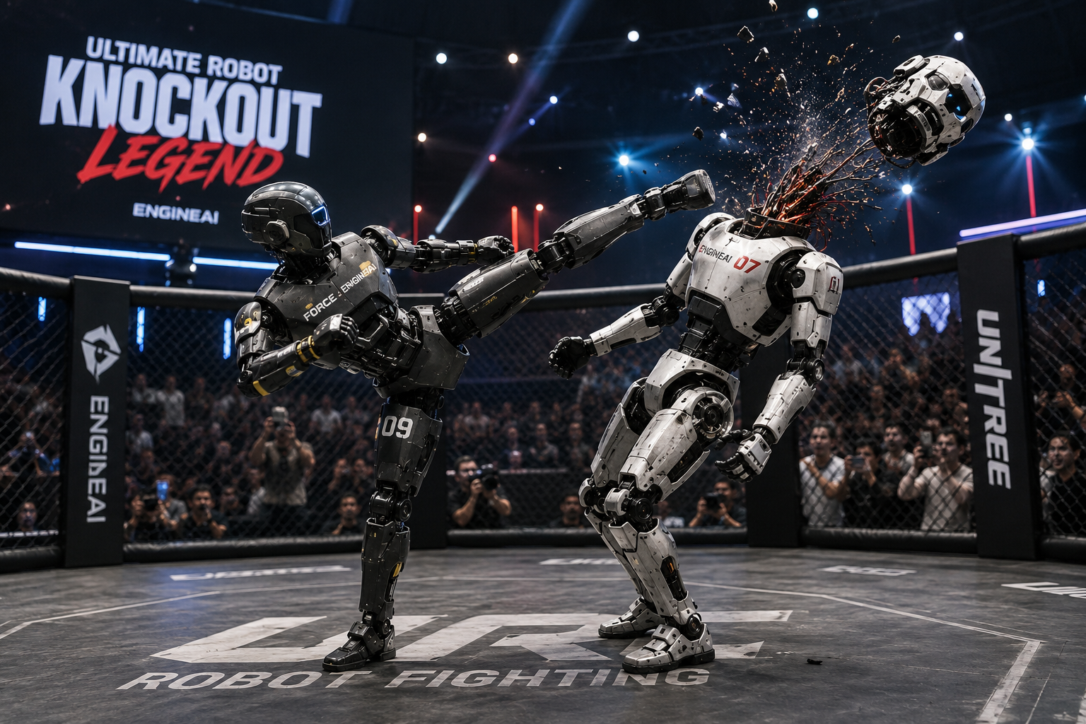 Humanoid Robots: Two humanoid robots compete in China's first MMA robot fighting tournament during a technology showcase.