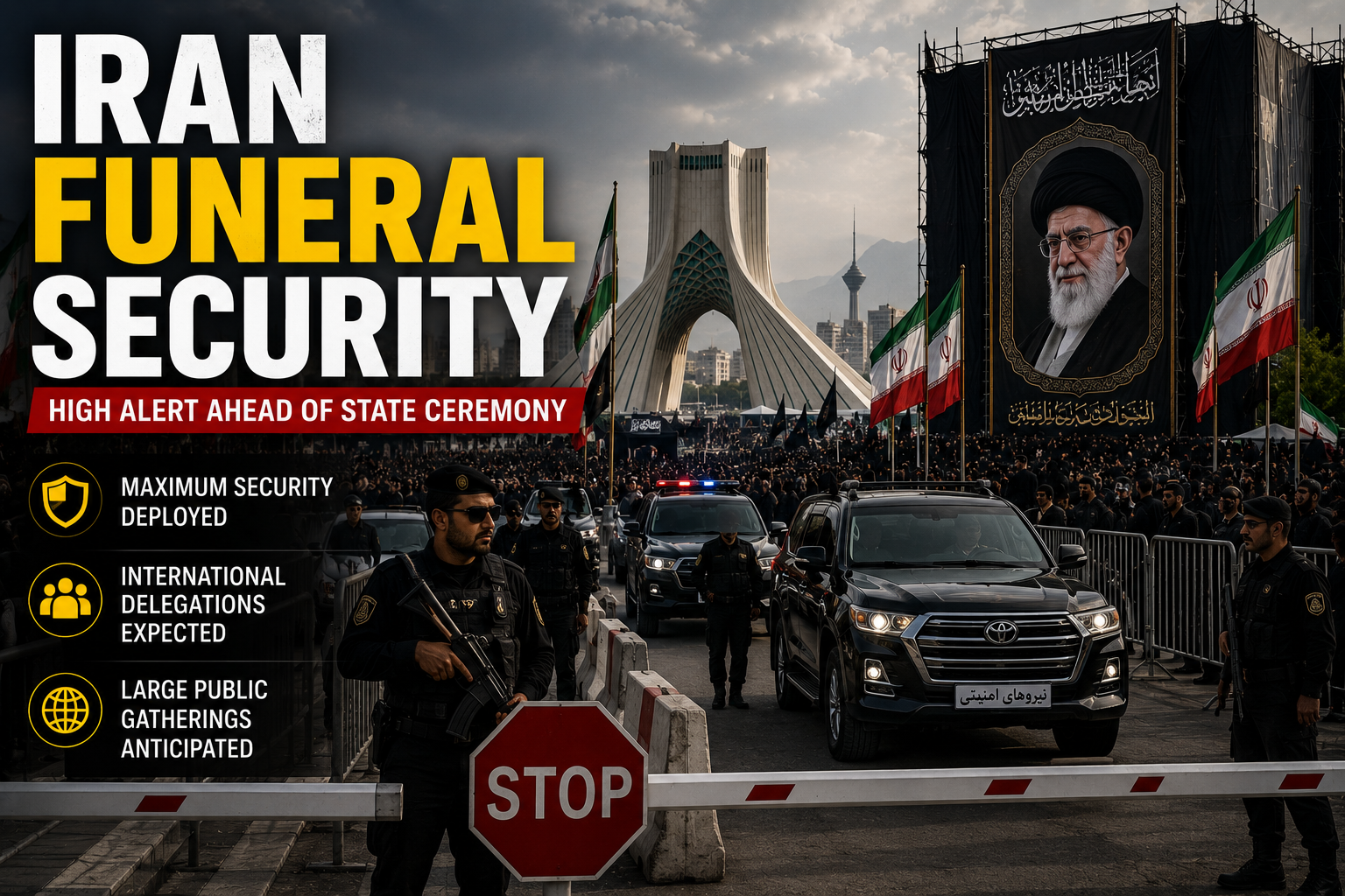 Iran Funeral Security Warning as authorities strengthen security arrangements ahead of the official state funeral ceremony.