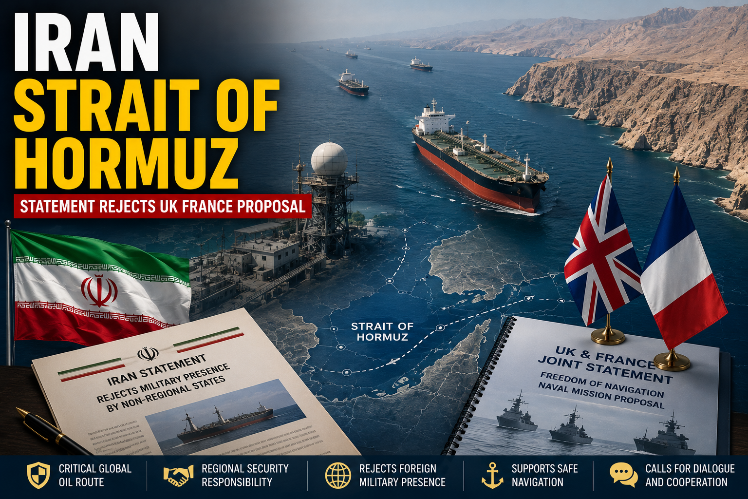 Iran Strait of Hormuz Statement rejecting the UK and France proposal while emphasizing regional responsibility for maritime security.