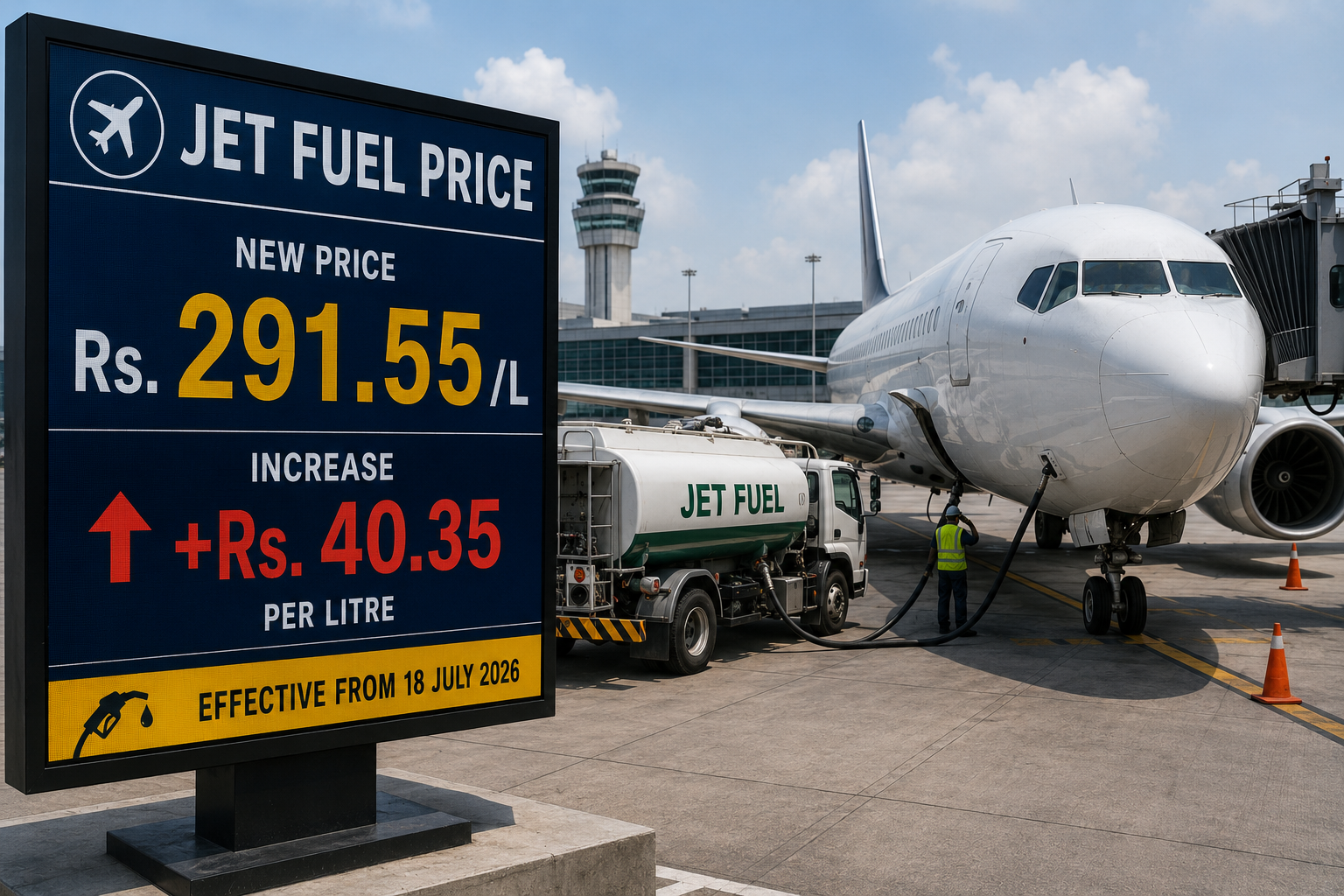 Jet Fuel Price displayed on an airport fuel board as a commercial aircraft is refueled following the latest price increase in Pakistan.