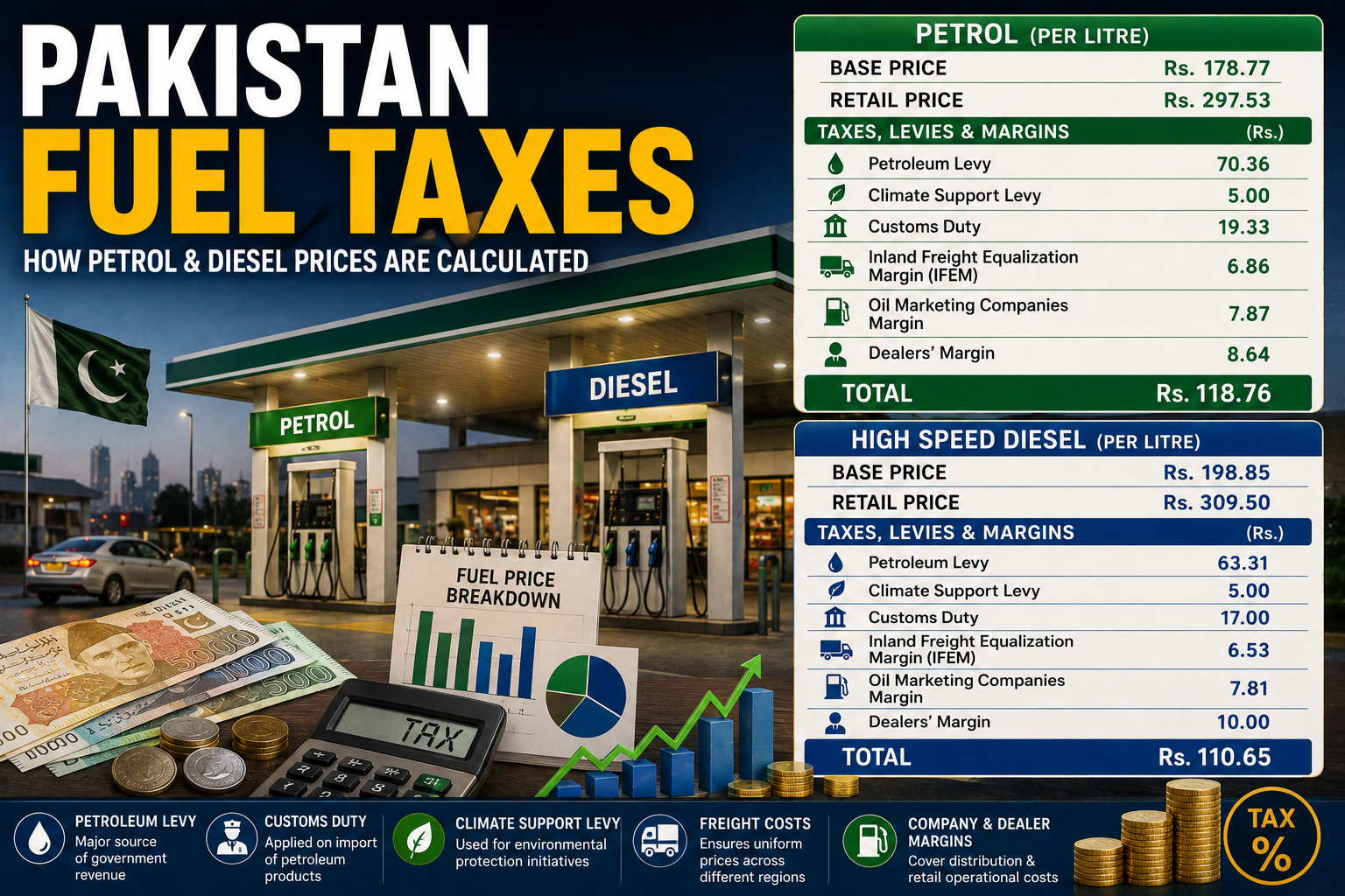 Pakistan Fuel Taxes and Levies showing the official breakdown of petrol and diesel prices, including petroleum levy, taxes, and dealer margins.