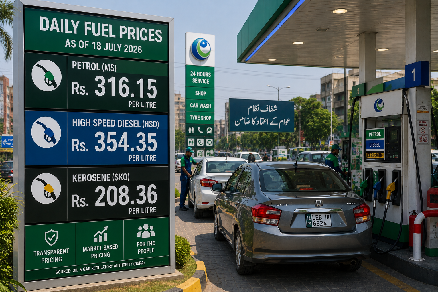 Petroleum Prices: Digital fuel price display at a Pakistan petrol station representing the country's proposed daily petroleum pricing system.