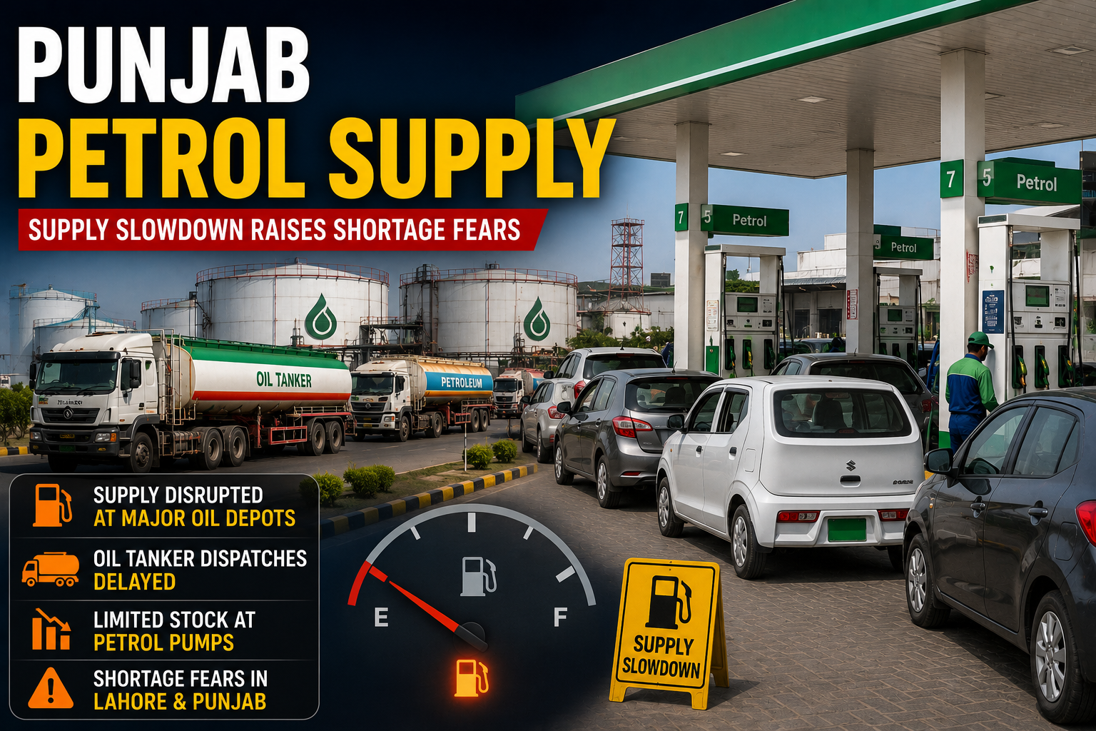 Punjab Petrol Supply Slowdown affecting fuel deliveries after delays in oil tanker dispatches across Lahore and Punjab.