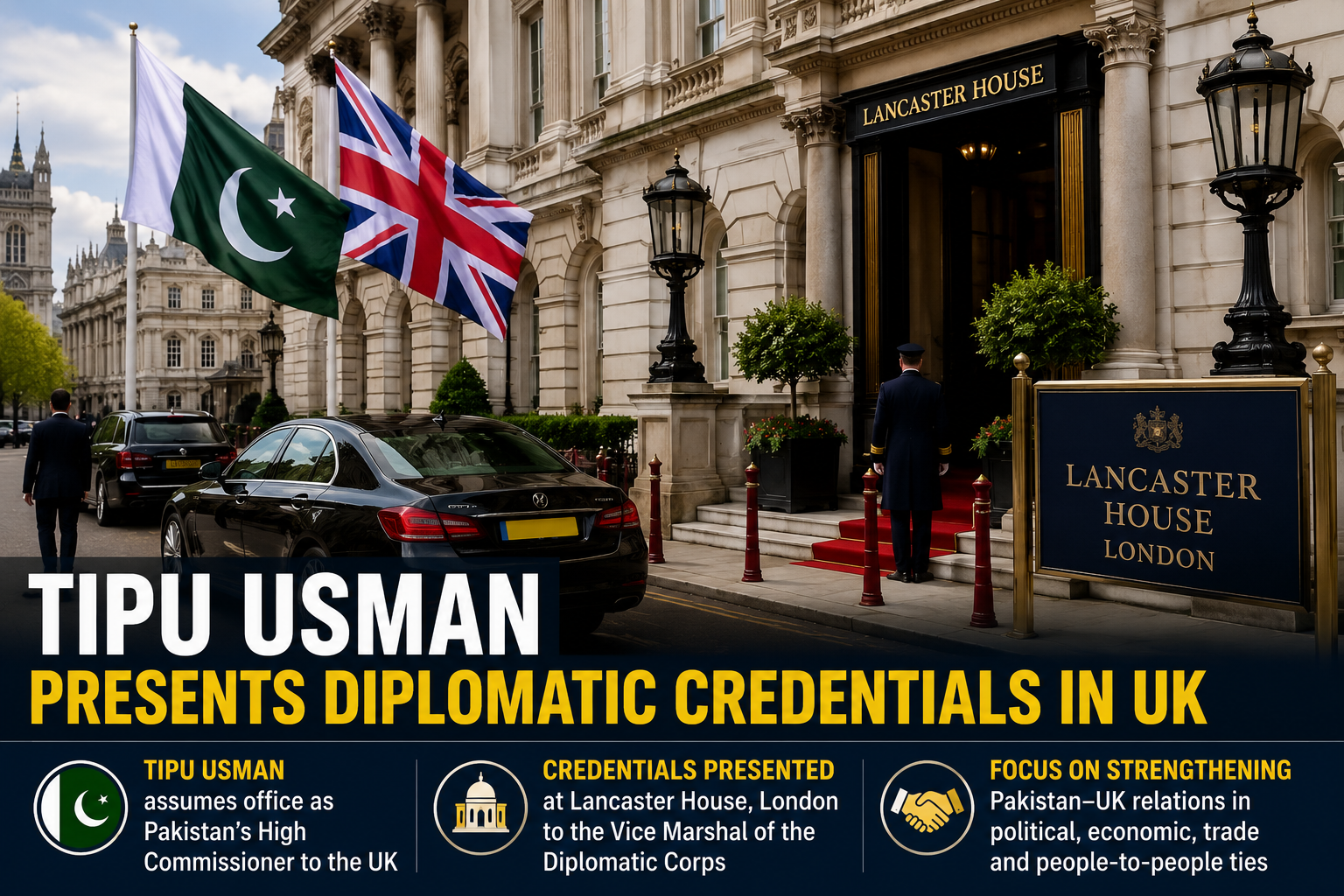 Tipu Usman arriving at Lancaster House in London to present diplomatic credentials as Pakistan's new High Commissioner to the United Kingdom.
