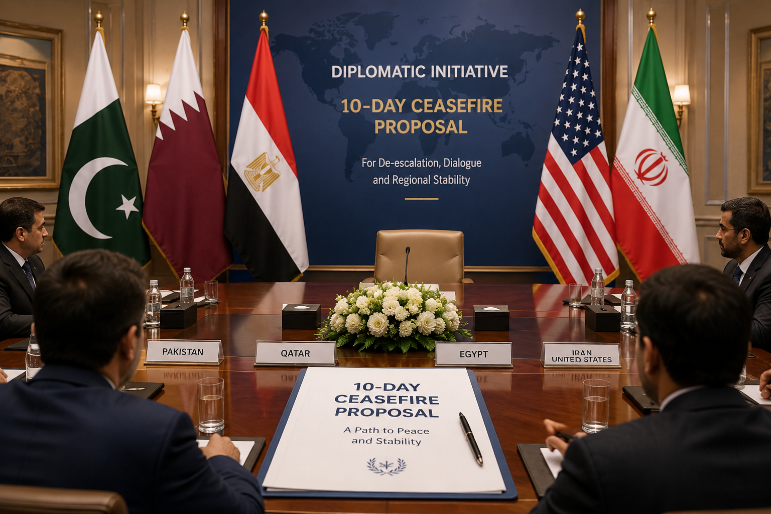 US Iran Ceasefire proposal showing diplomatic talks between Pakistan, Qatar, Egypt, the United States and Iran over a proposed 10-day truce.