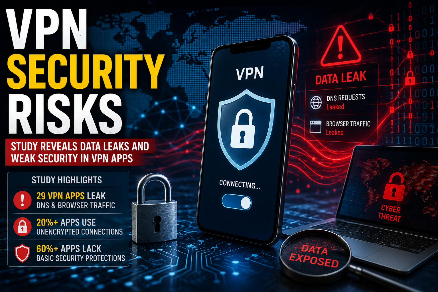 VPN Apps Security Risks highlighted after a cybersecurity study revealed data leaks and weak security protections in several VPN applications.