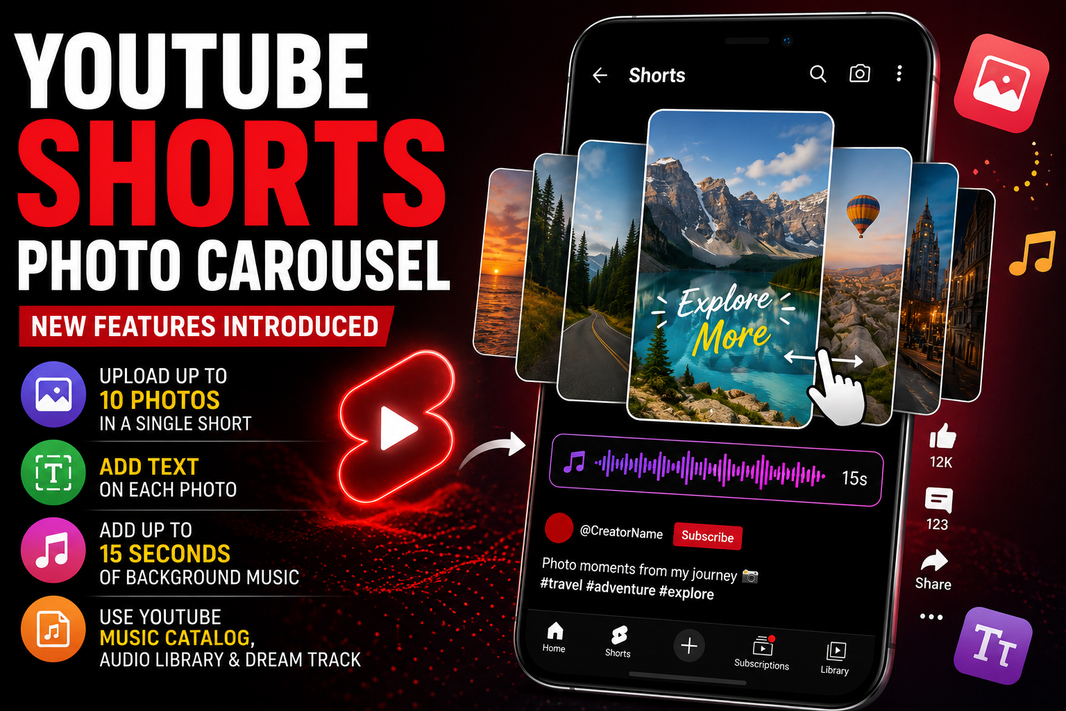YouTube Shorts Photo Carousel Features introduce image carousel posts with music and text for creators.