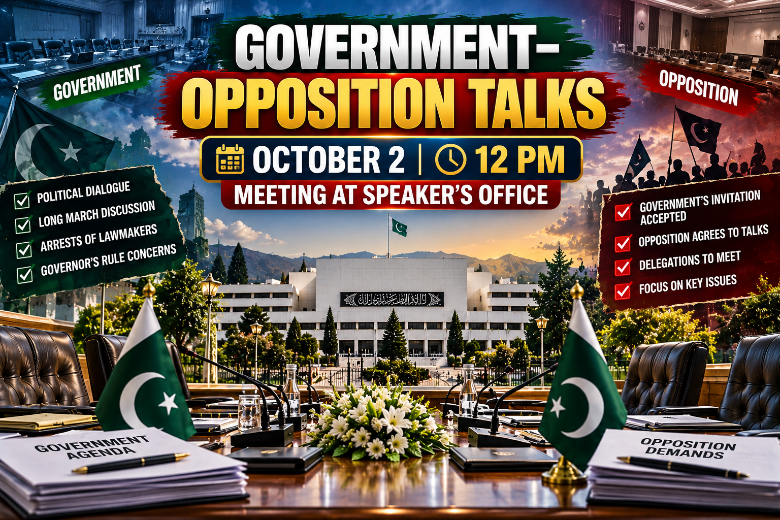 Opposition Talks scheduled at National Assembly Speaker Ayaz Sadiq's office in Islamabad